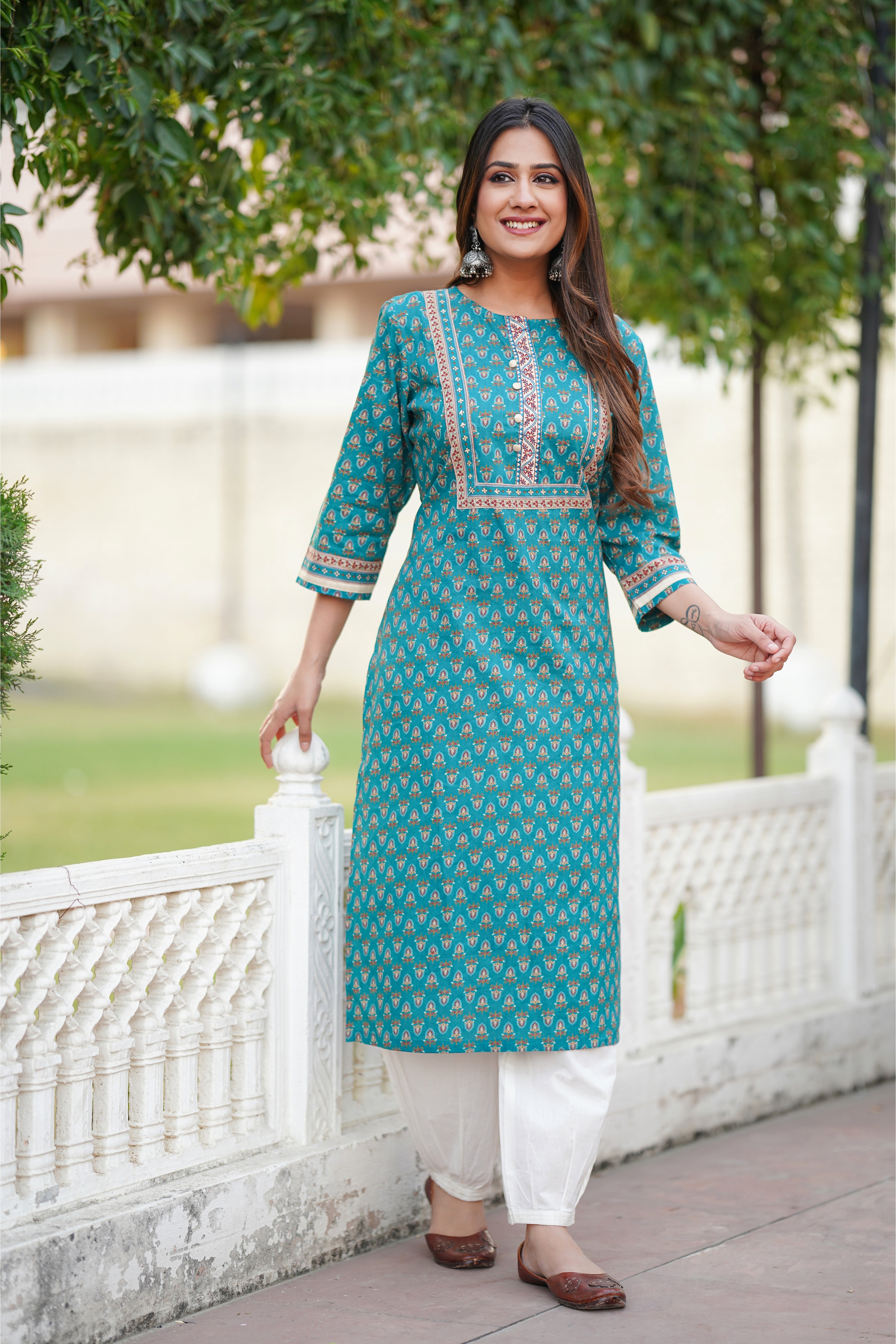 Teal Motif Printed Cotton Kurta