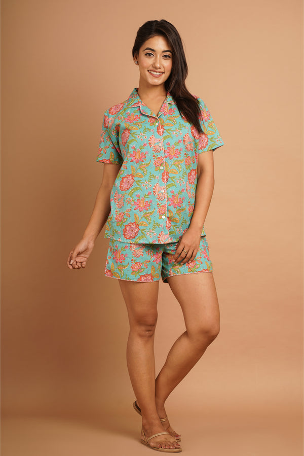 Turquoise Floral Cotton Night Suit Set