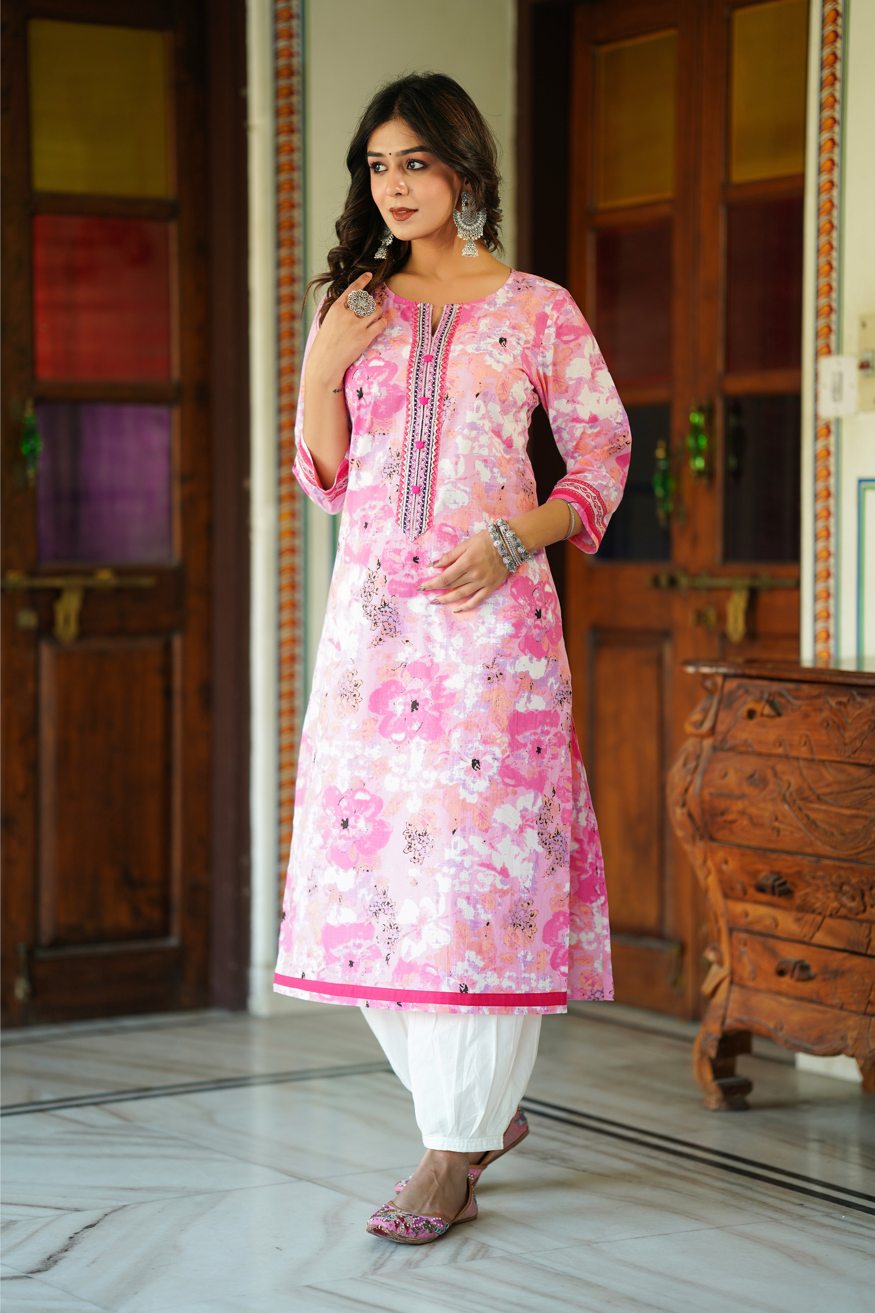 Pink Floral Printed Cotton Kurta