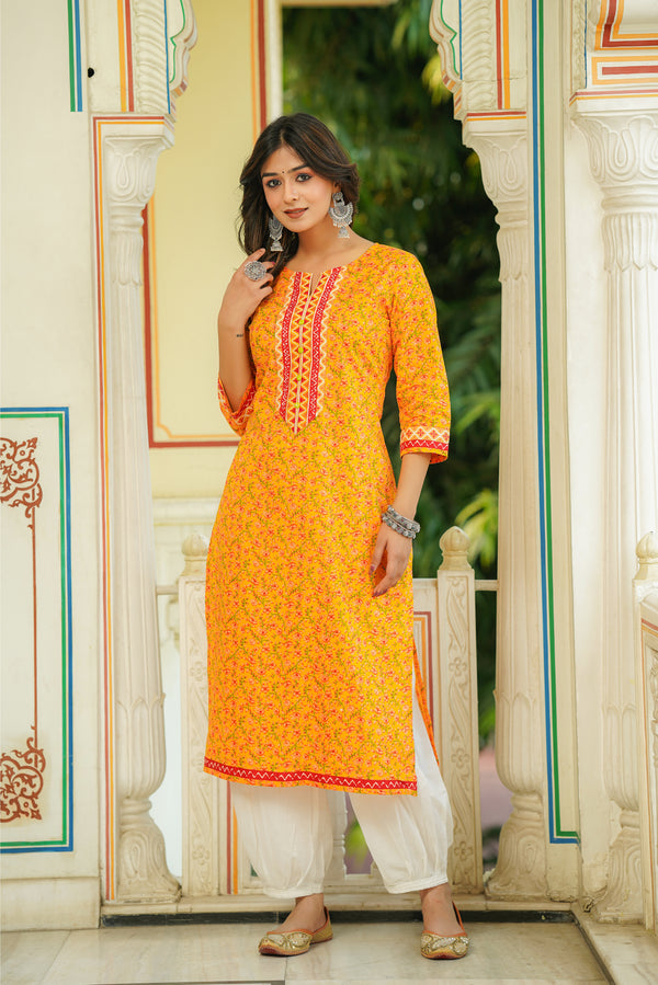 Yellow Floral Printed Cotton Kurta