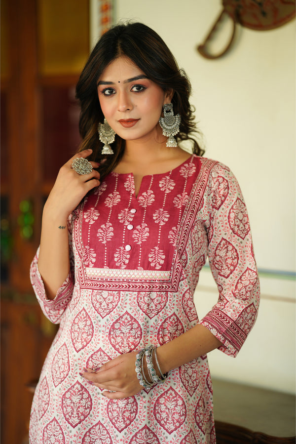 Pink Motif Printed Cotton Kurta