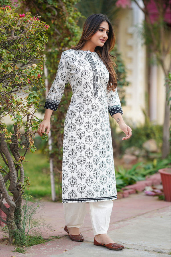 White Motif Printed Cotton Kurta