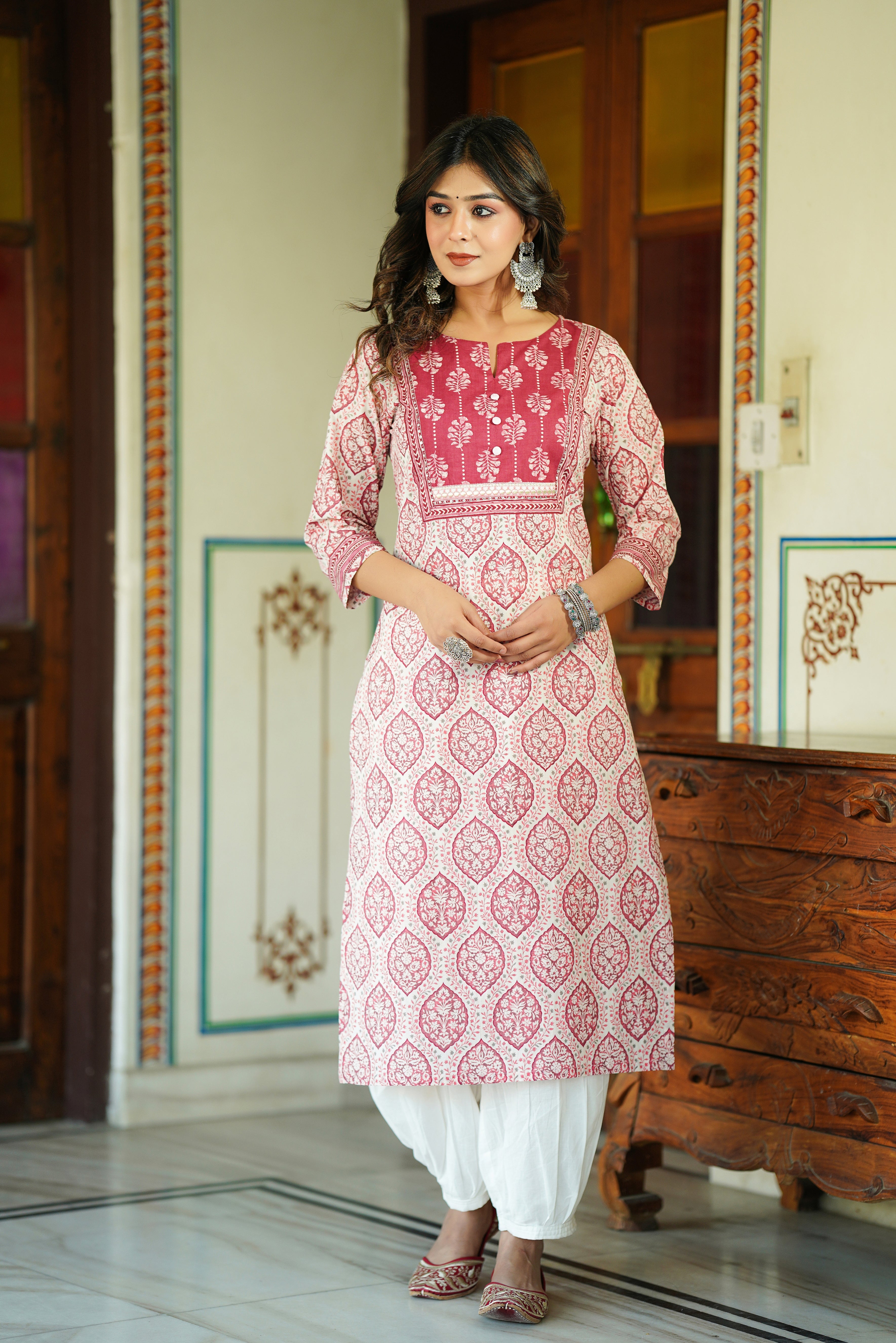 Pink Motif Printed Cotton Kurta