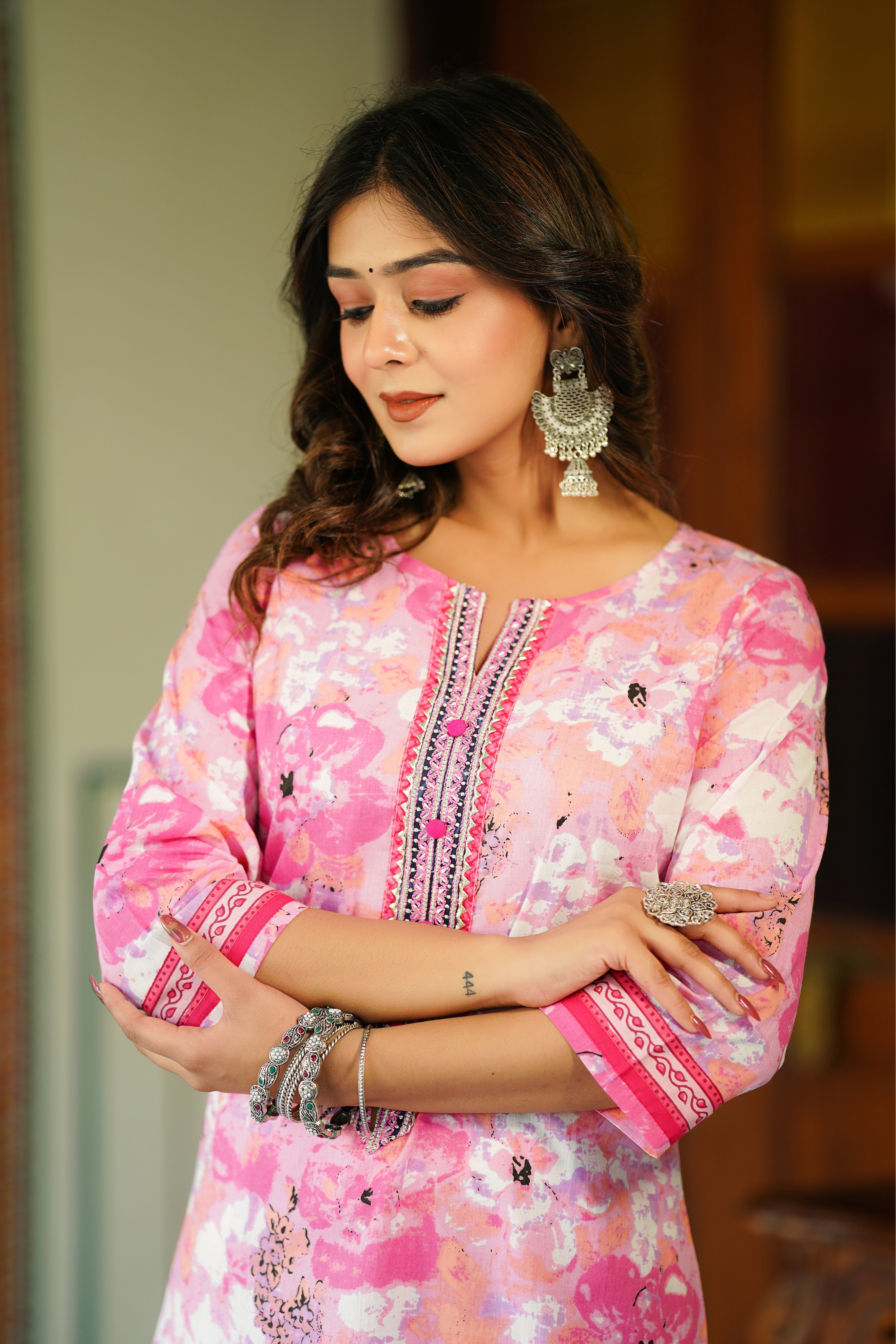 Pink Floral Printed Cotton Kurta