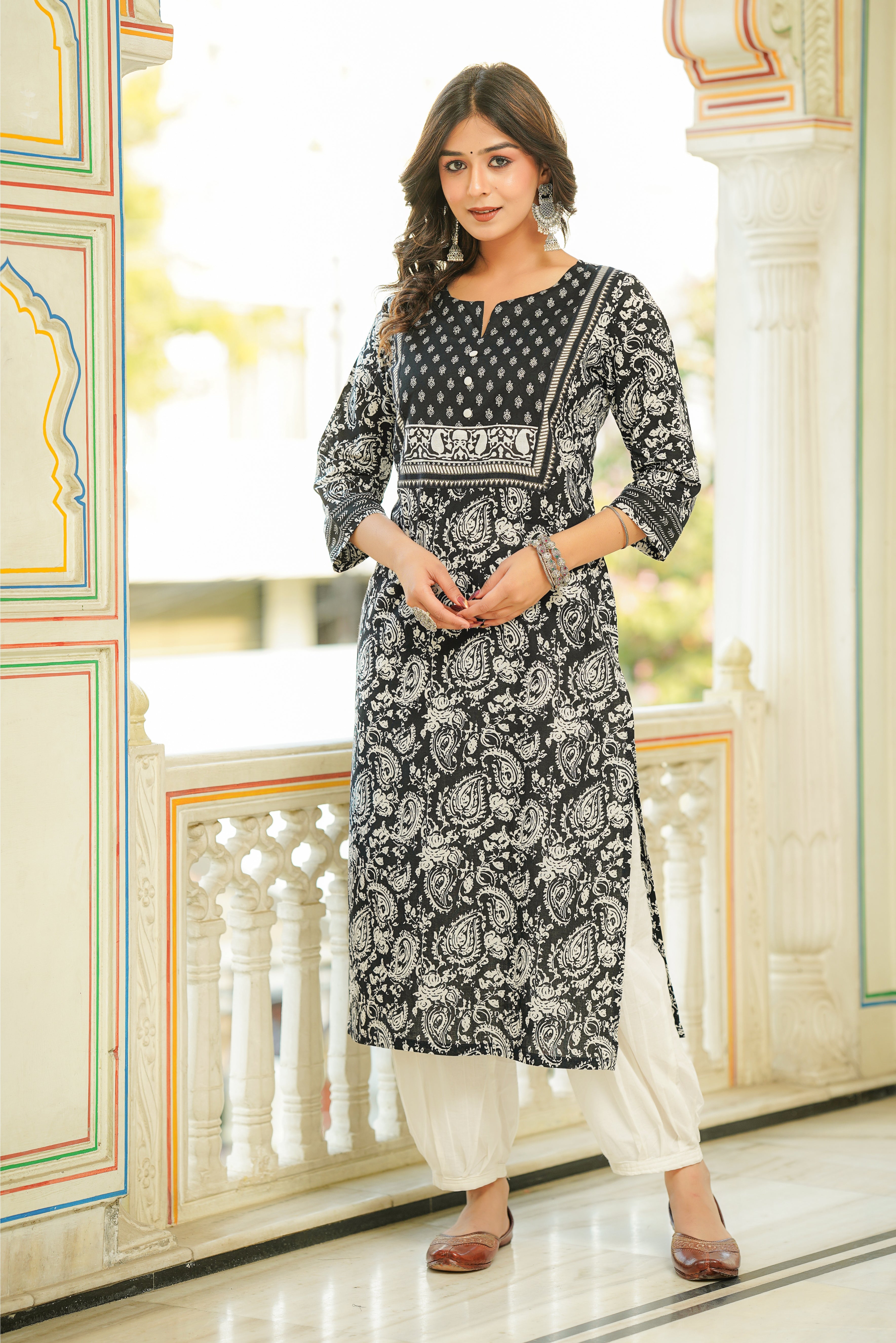 Black Motif Printed Cotton Kurta