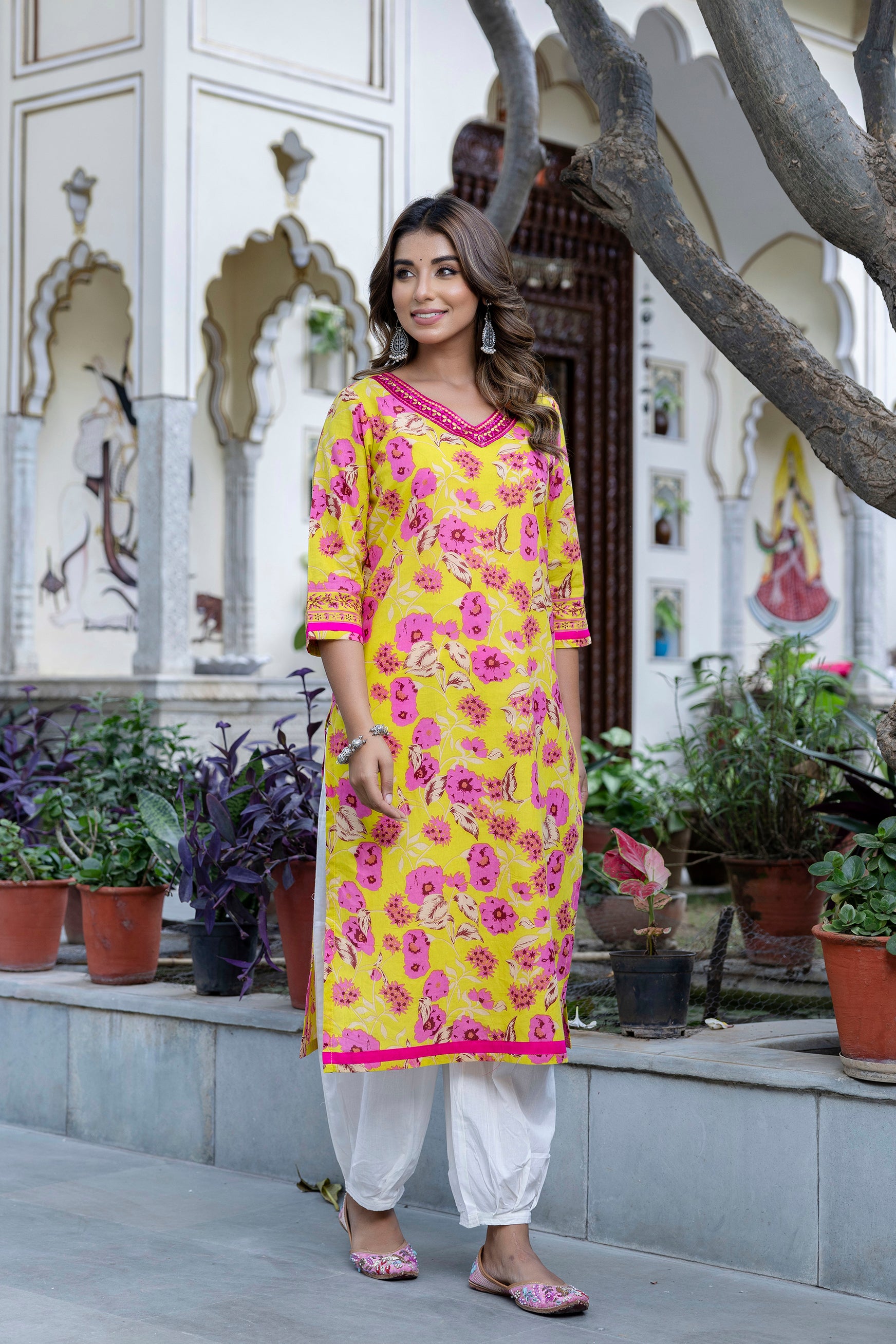 Lemon Floral Printed Cotton Kurta