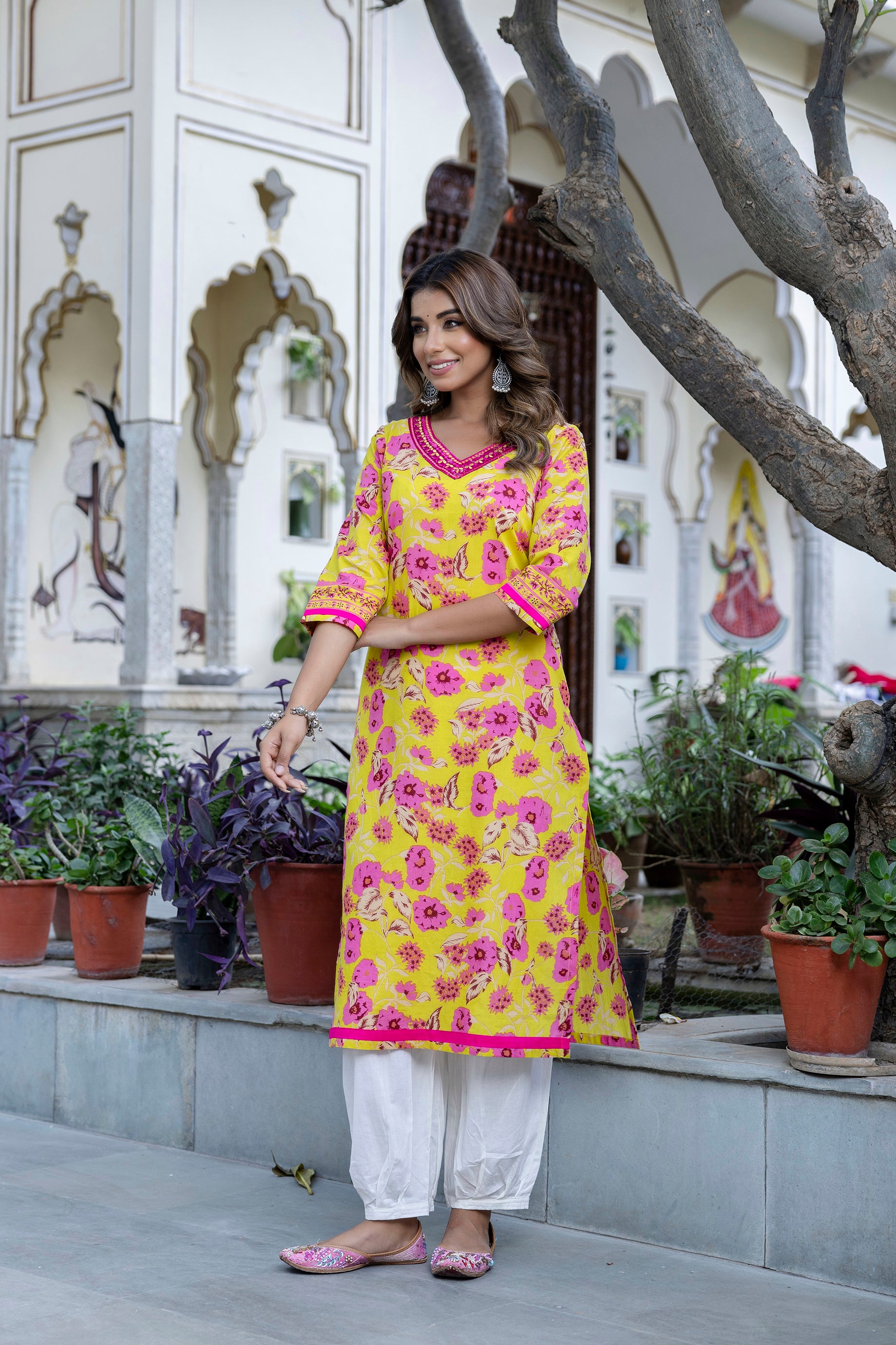 Lemon Floral Printed Cotton Kurta