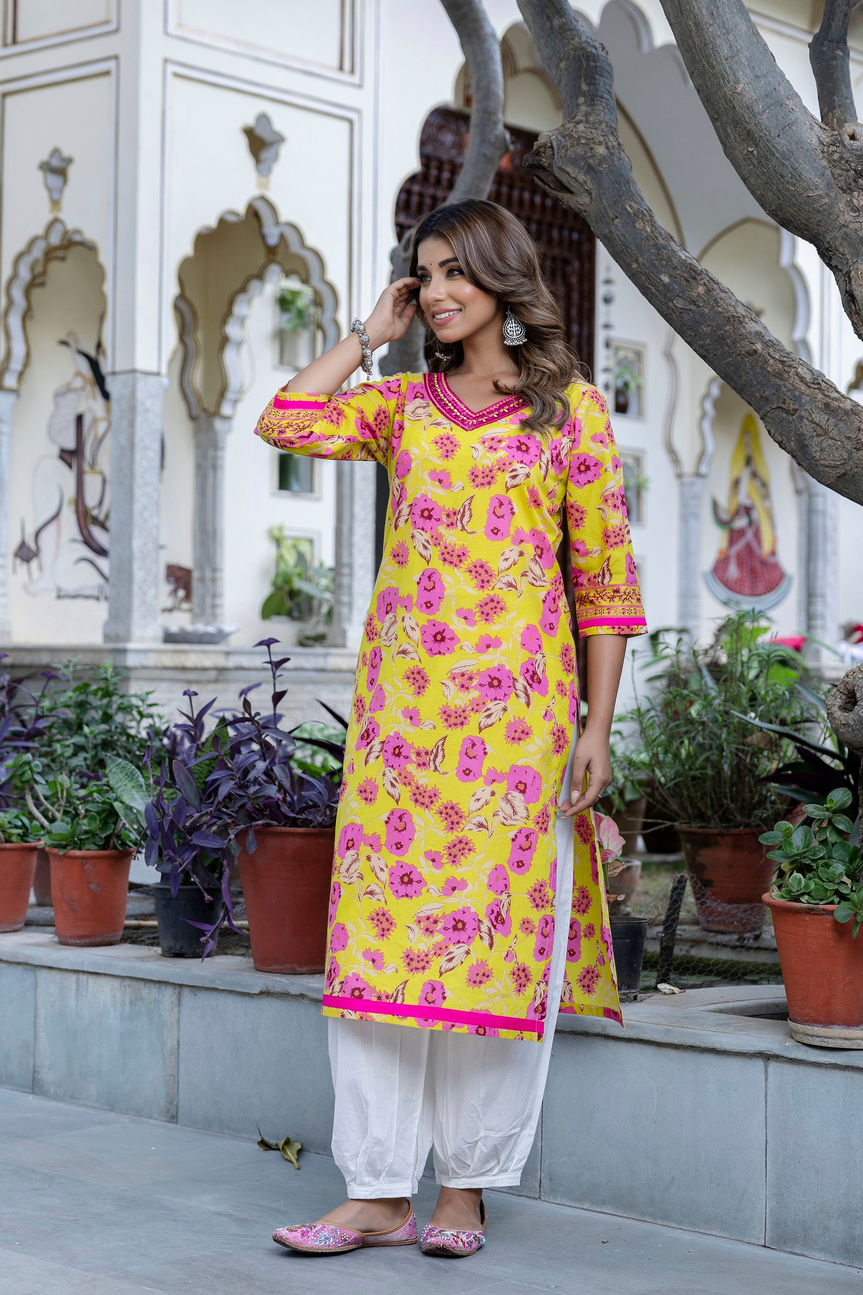 Lemon Floral Printed Cotton Kurta
