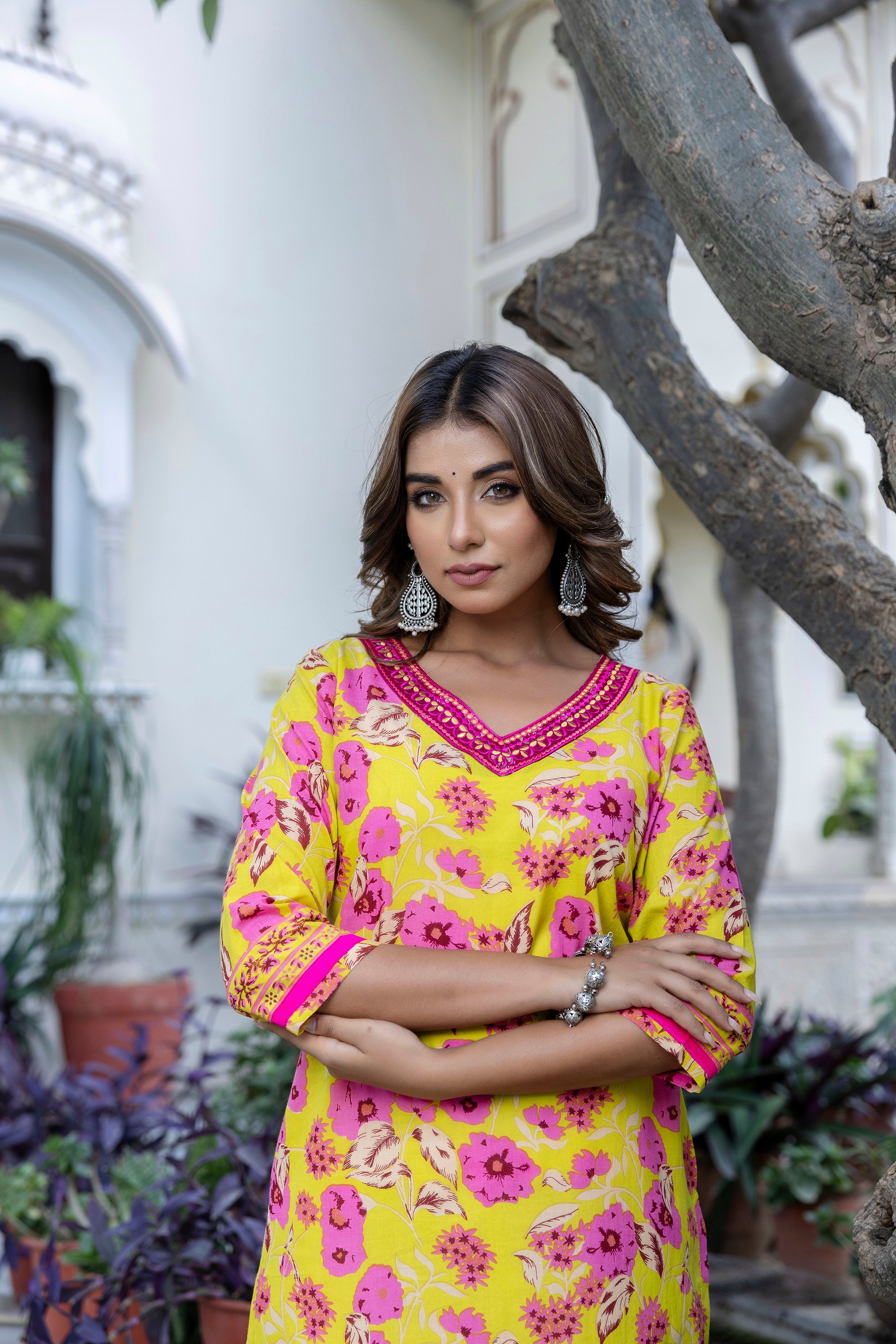 Lemon Floral Printed Cotton Kurta