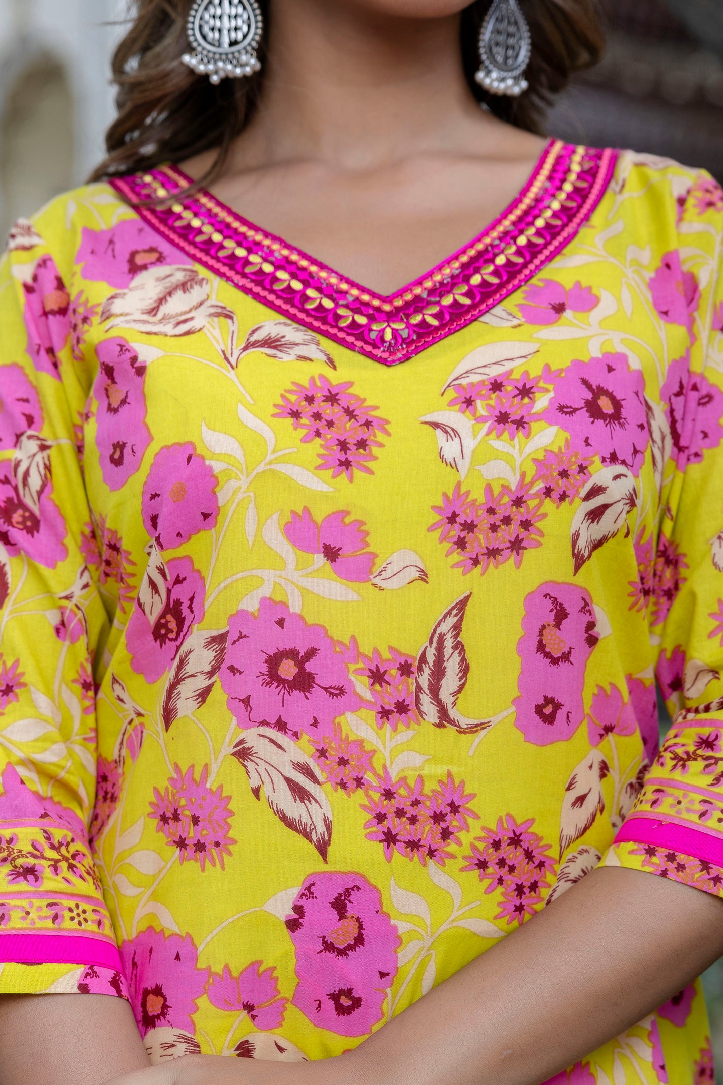 Lemon Floral Printed Cotton Kurta