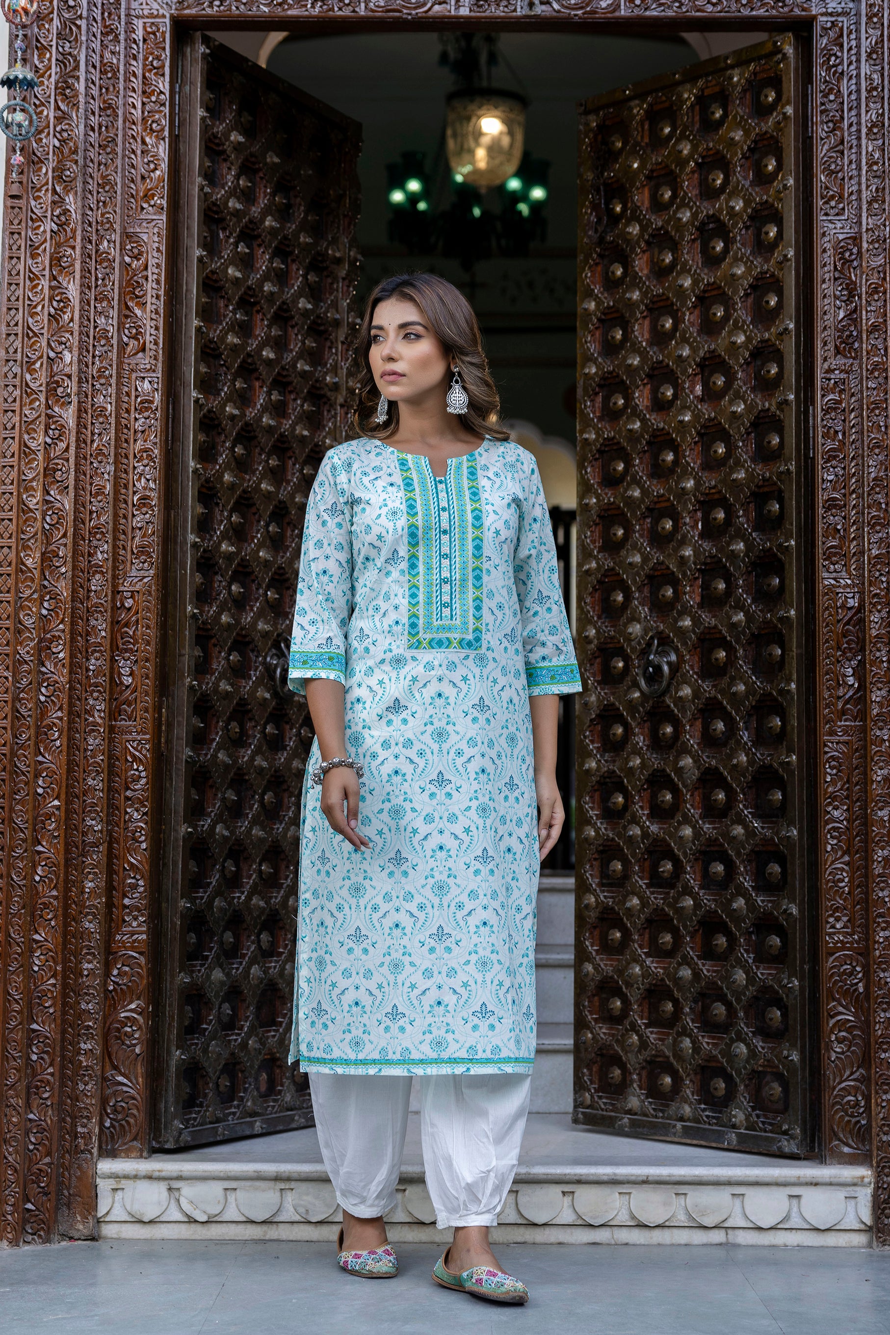 Turquoise Motif Printed Cotton Kurta