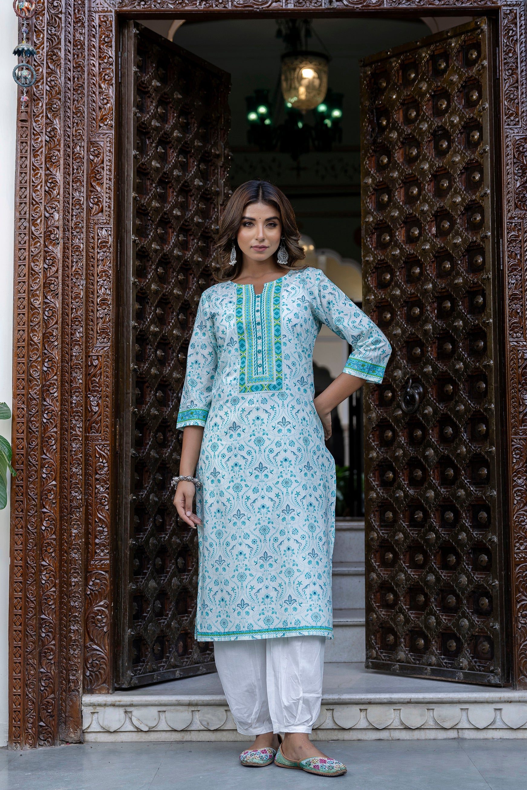 Turquoise Motif Printed Cotton Kurta