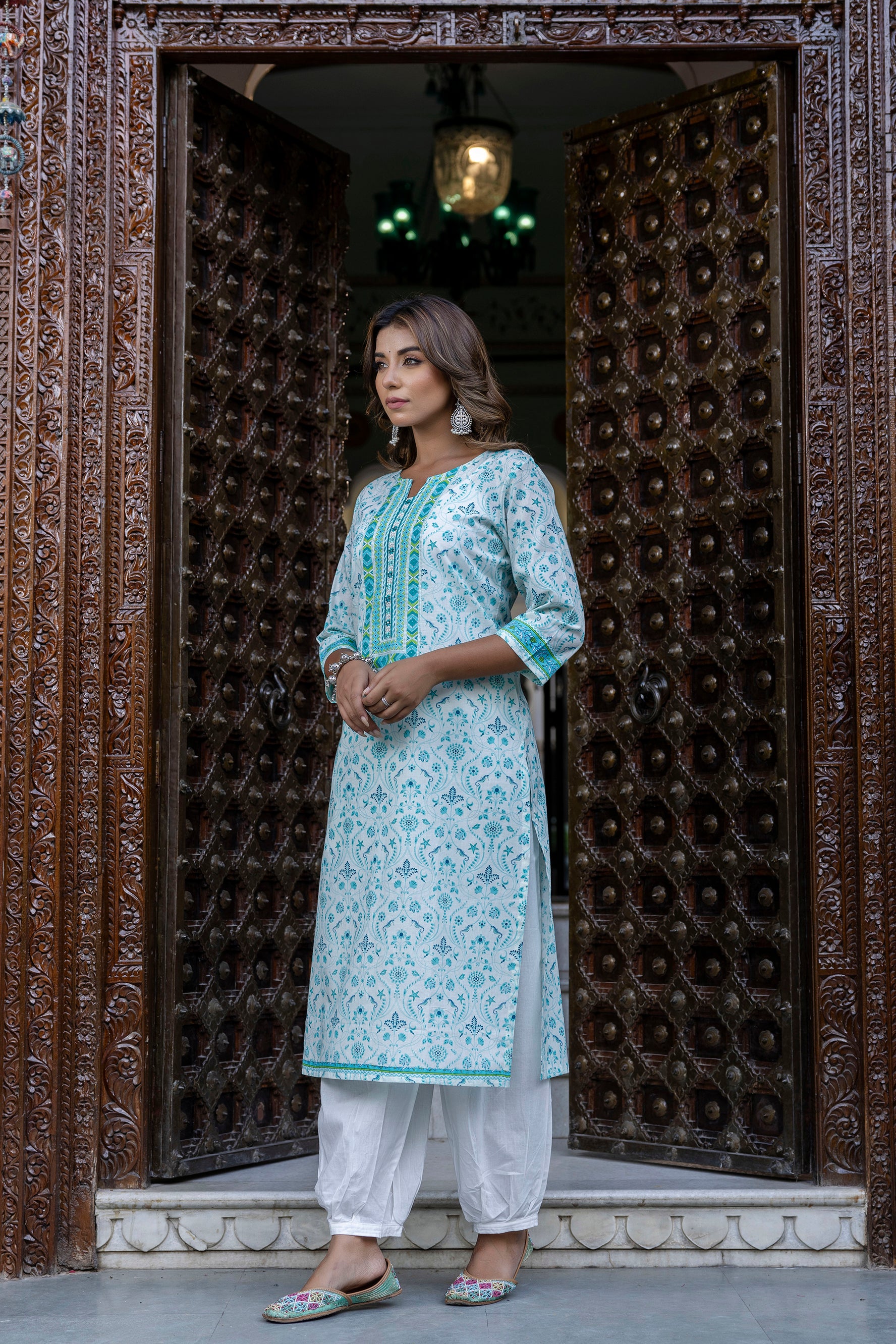 Turquoise Motif Printed Cotton Kurta