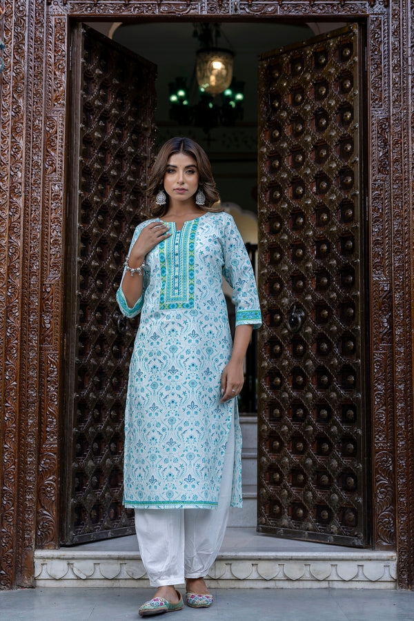 Turquoise Motif Printed Cotton Kurta