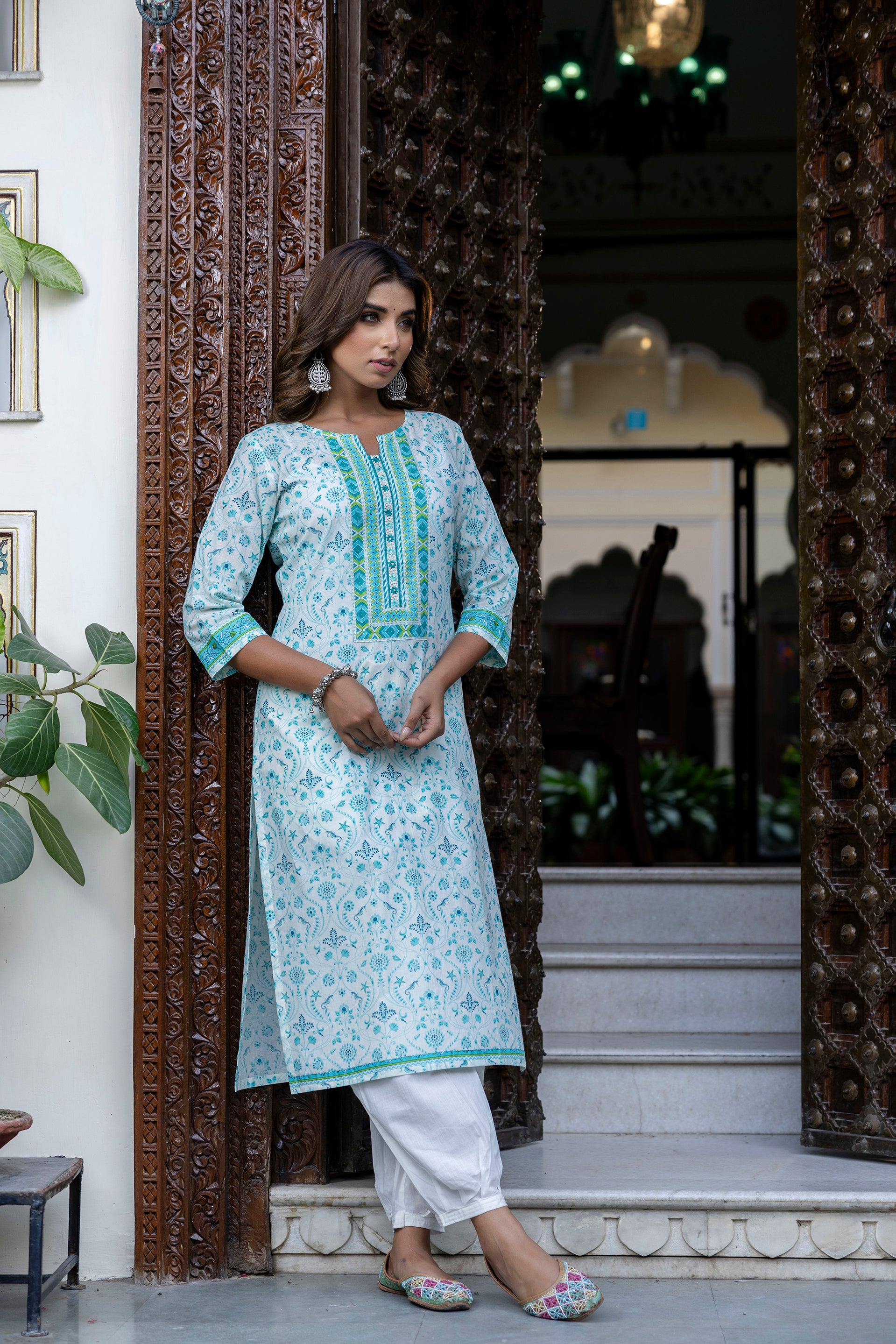 Turquoise Motif Printed Cotton Kurta