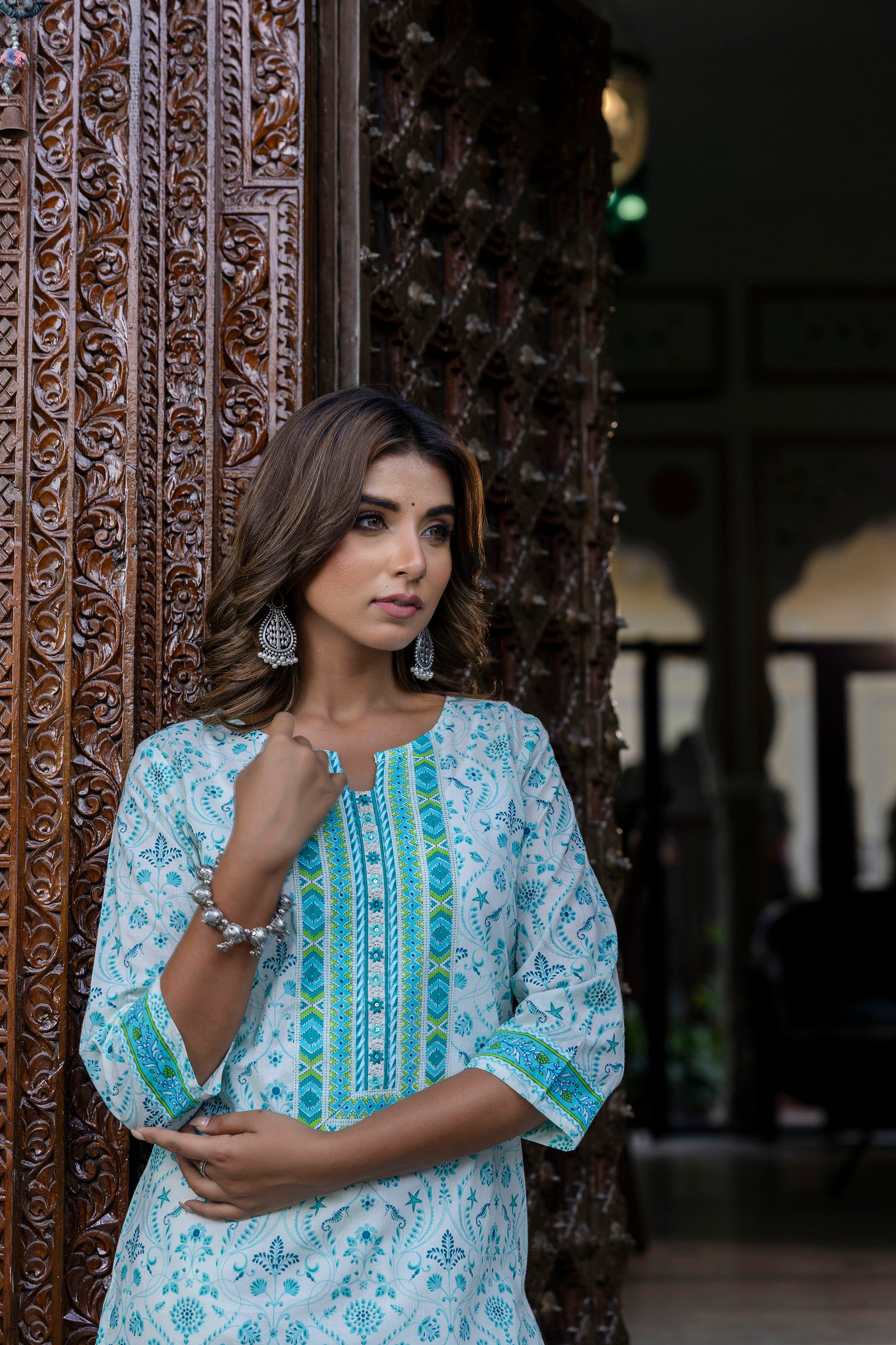 Turquoise Motif Printed Cotton Kurta