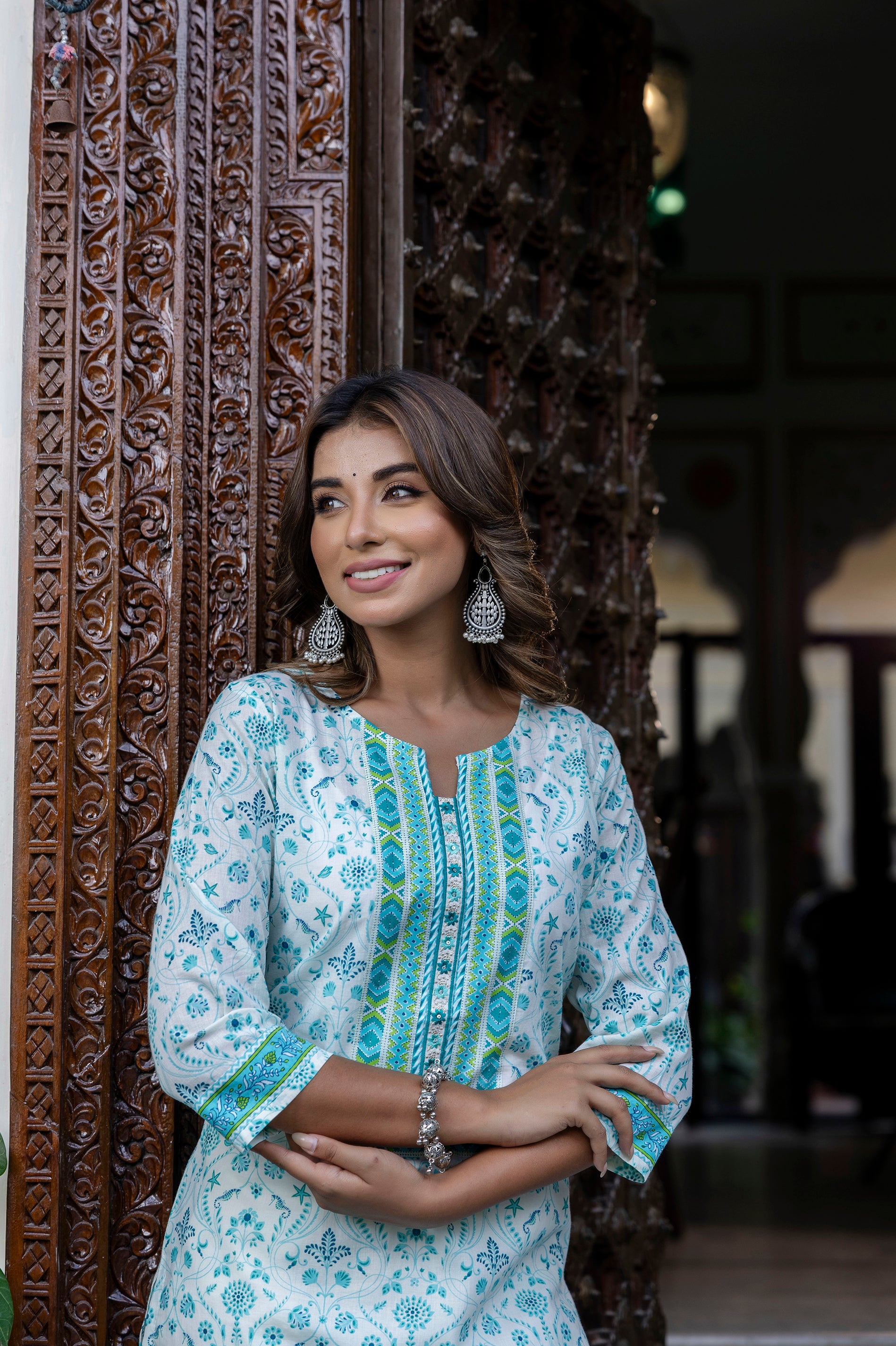 Turquoise Motif Printed Cotton Kurta