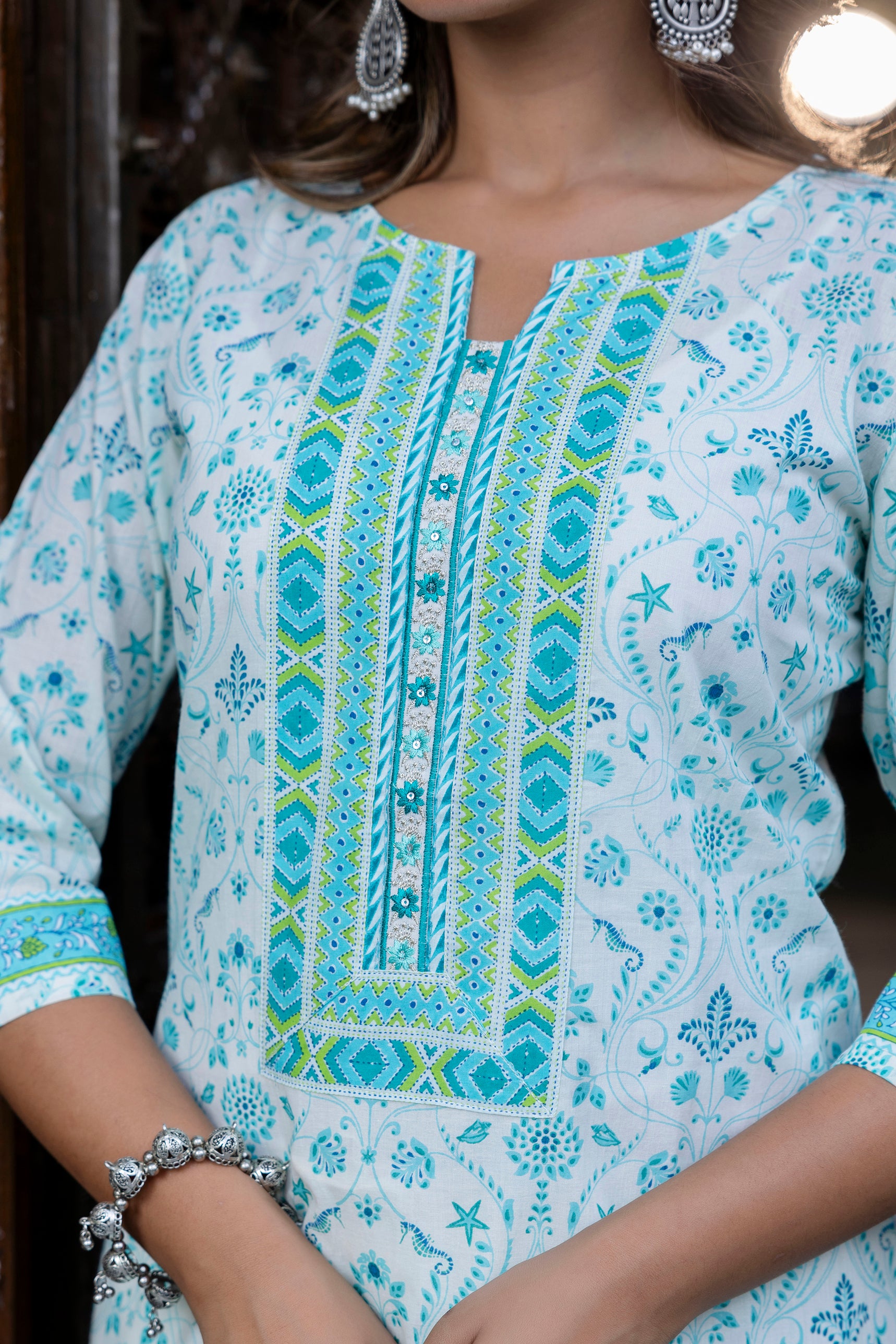 Turquoise Motif Printed Cotton Kurta