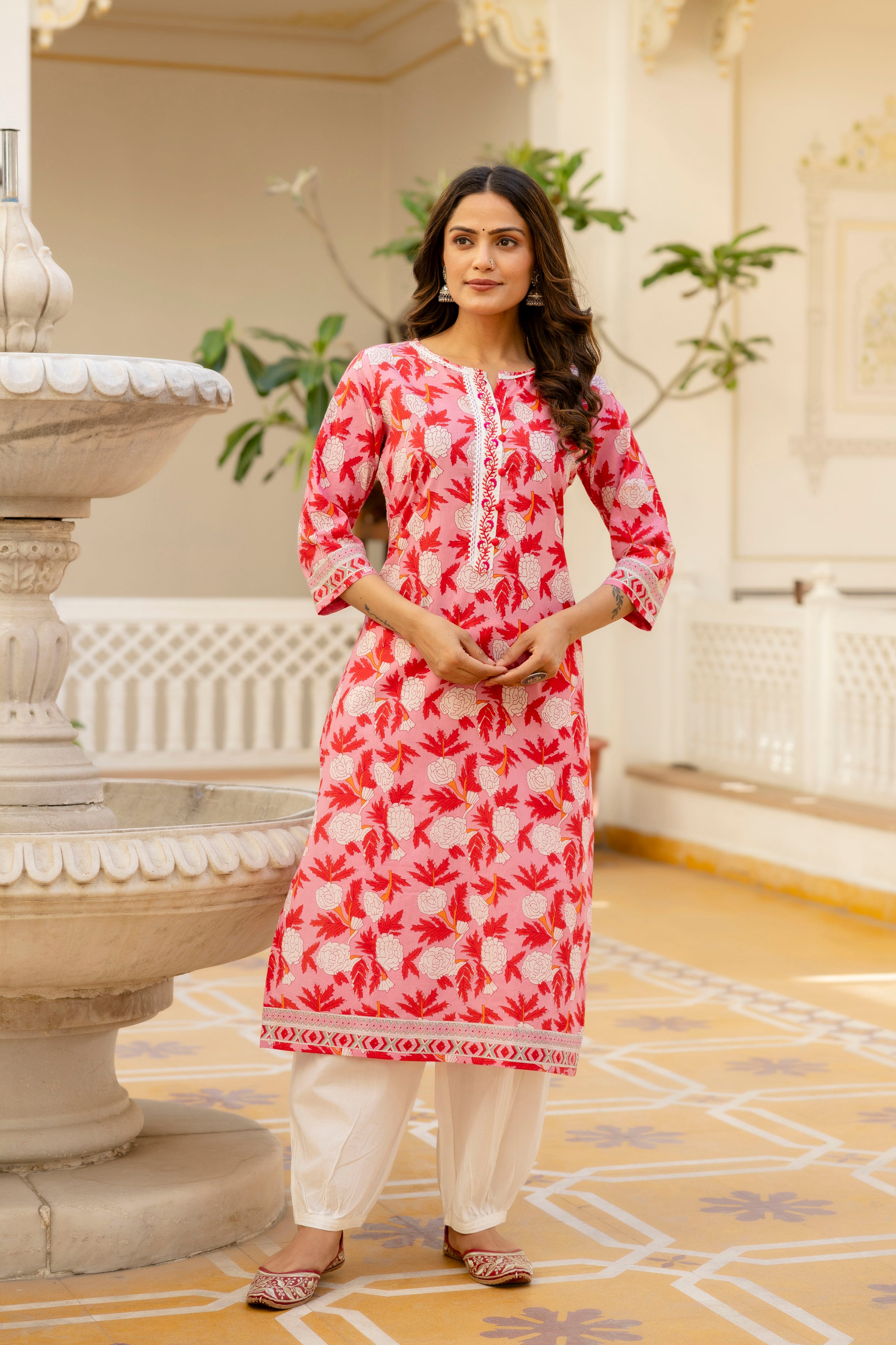 Red Floral Printed Cotton Kurta