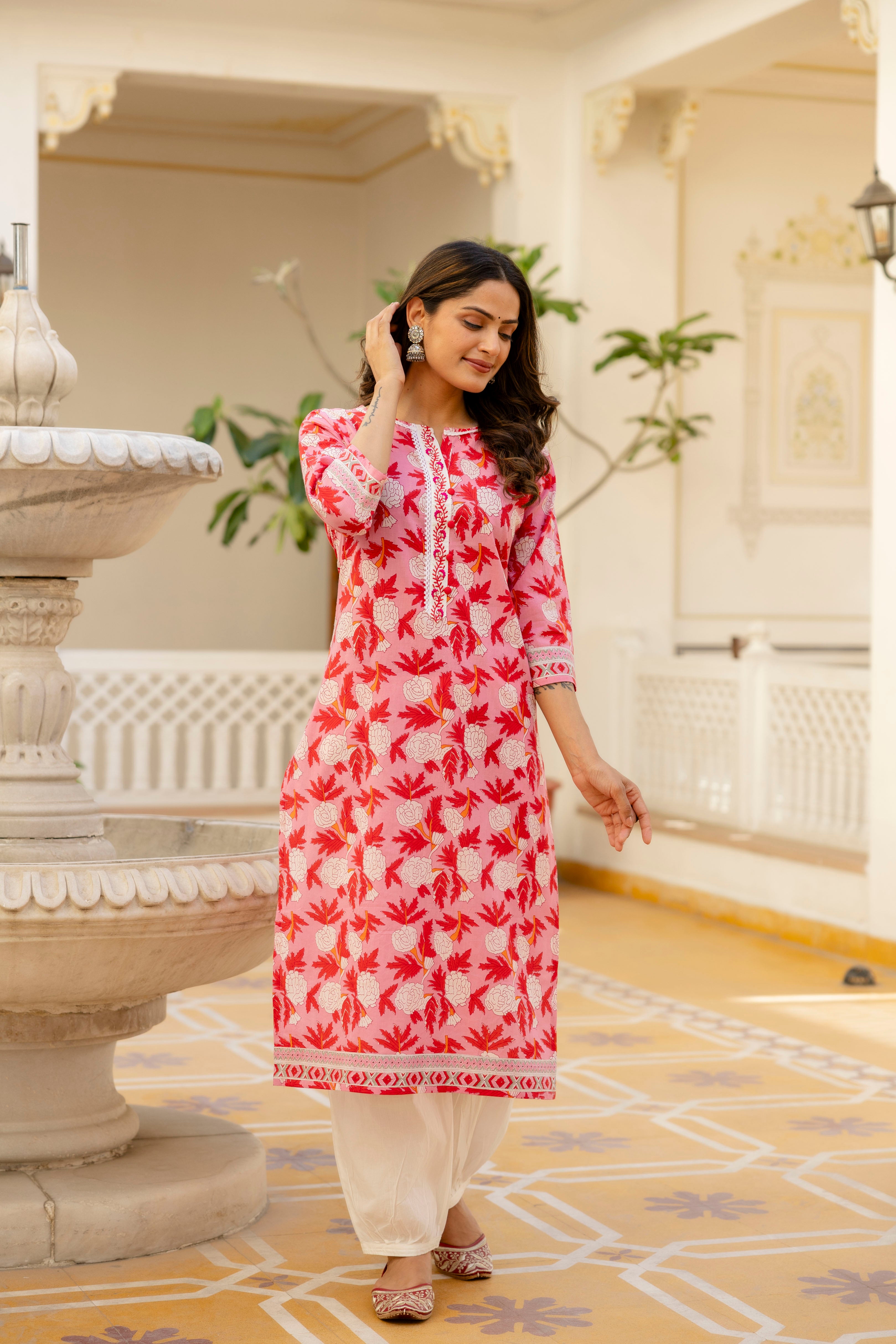 Red Floral Printed Cotton Kurta