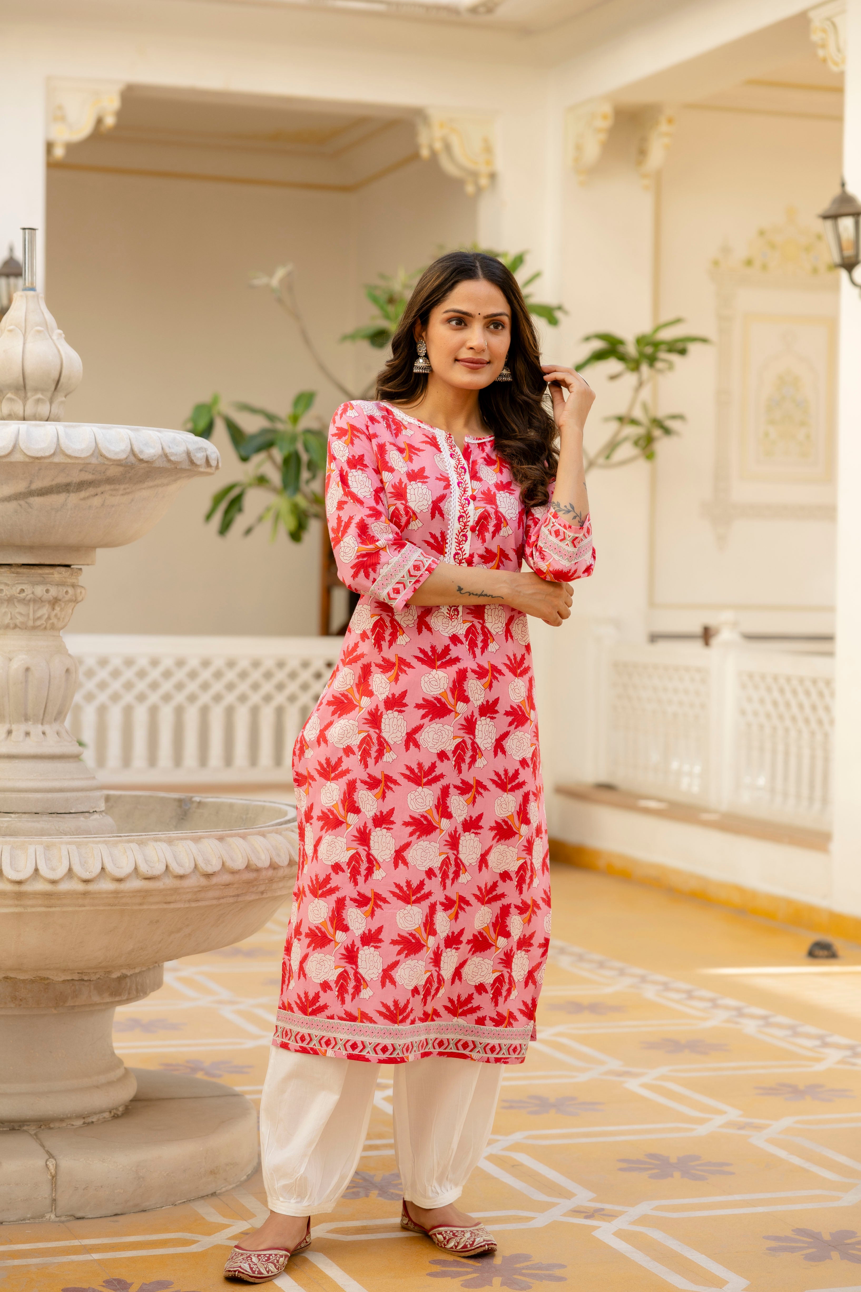 Red Floral Printed Cotton Kurta