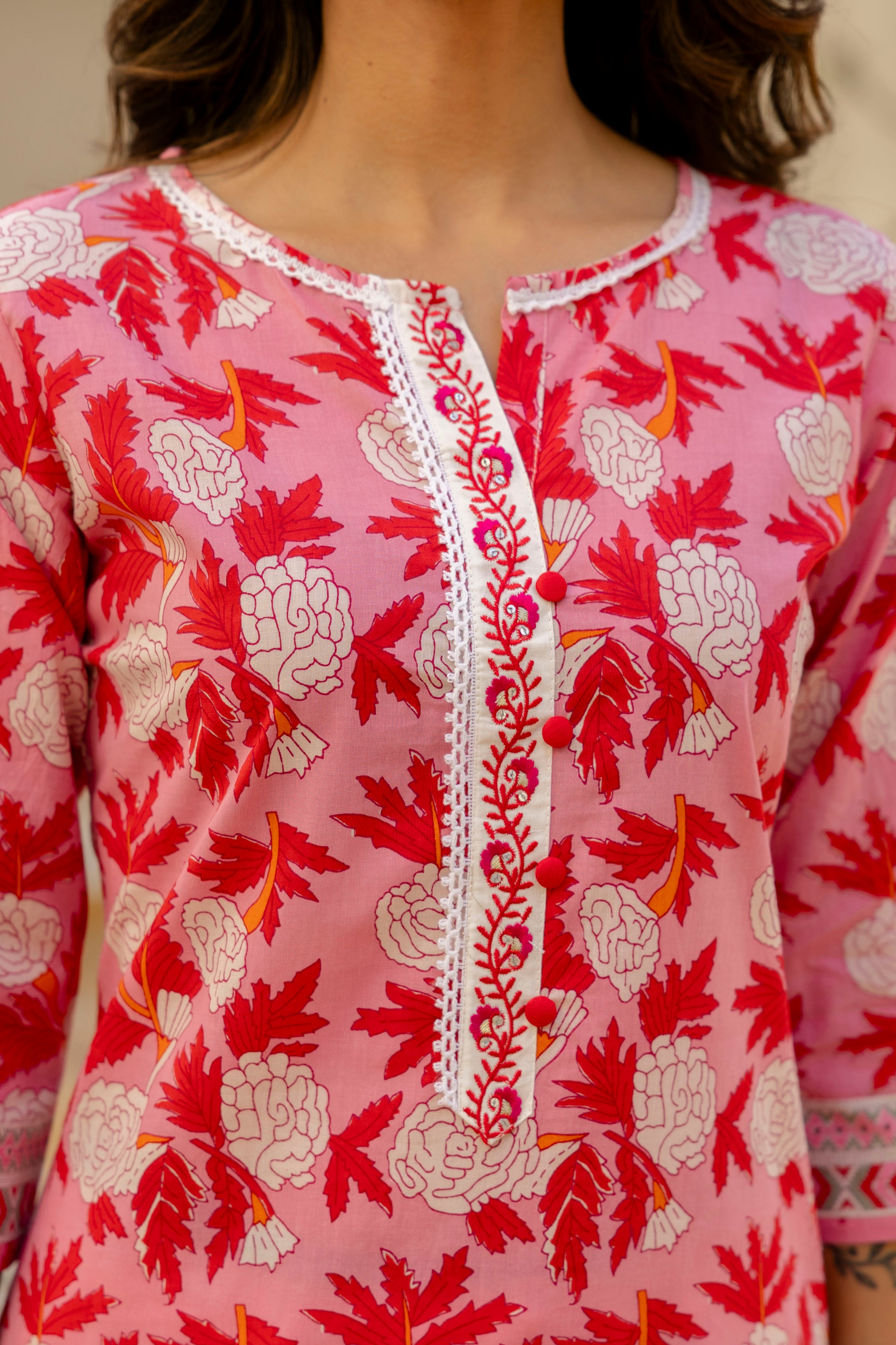 Red Floral Printed Cotton Kurta