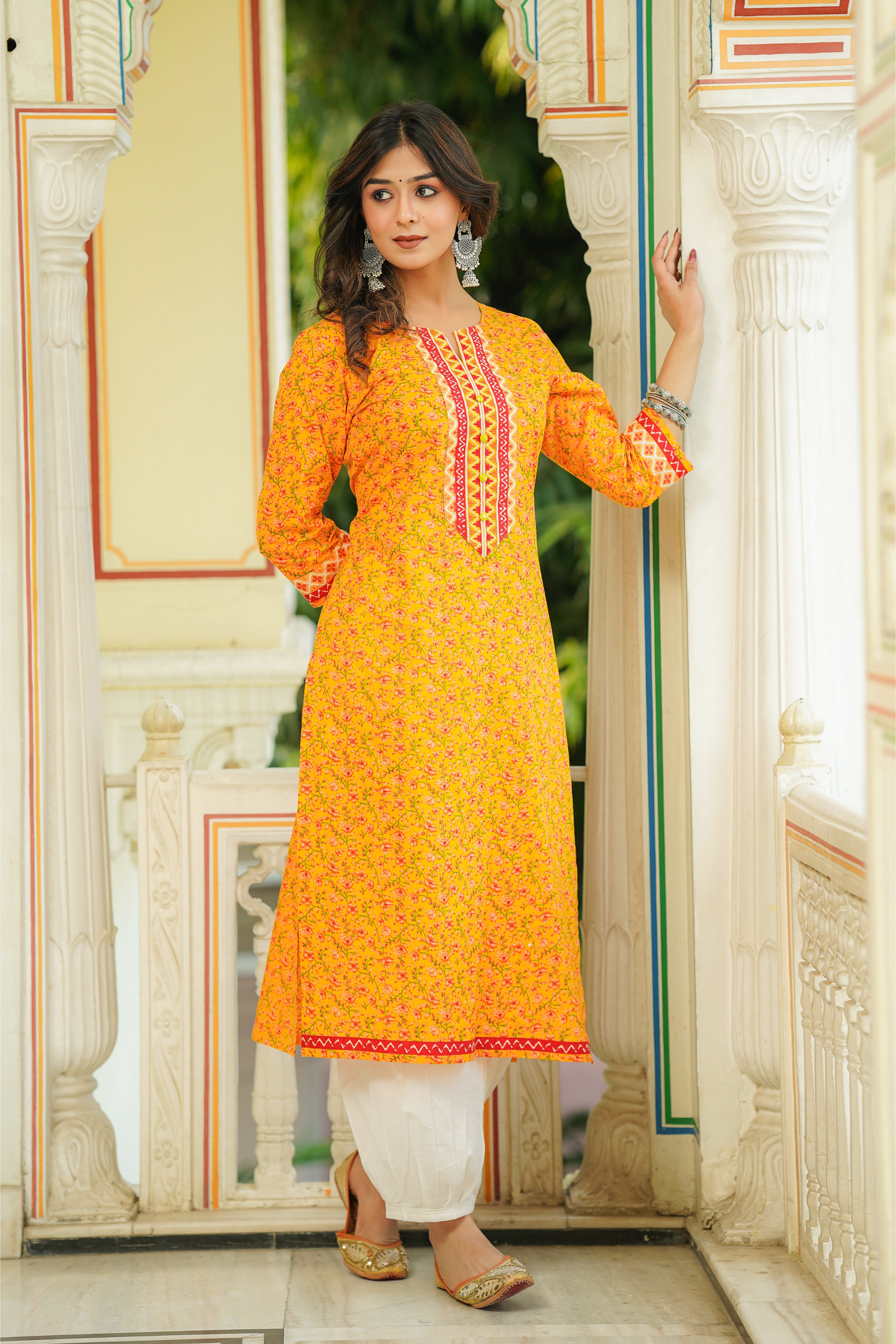 Yellow Floral Printed Cotton Kurta