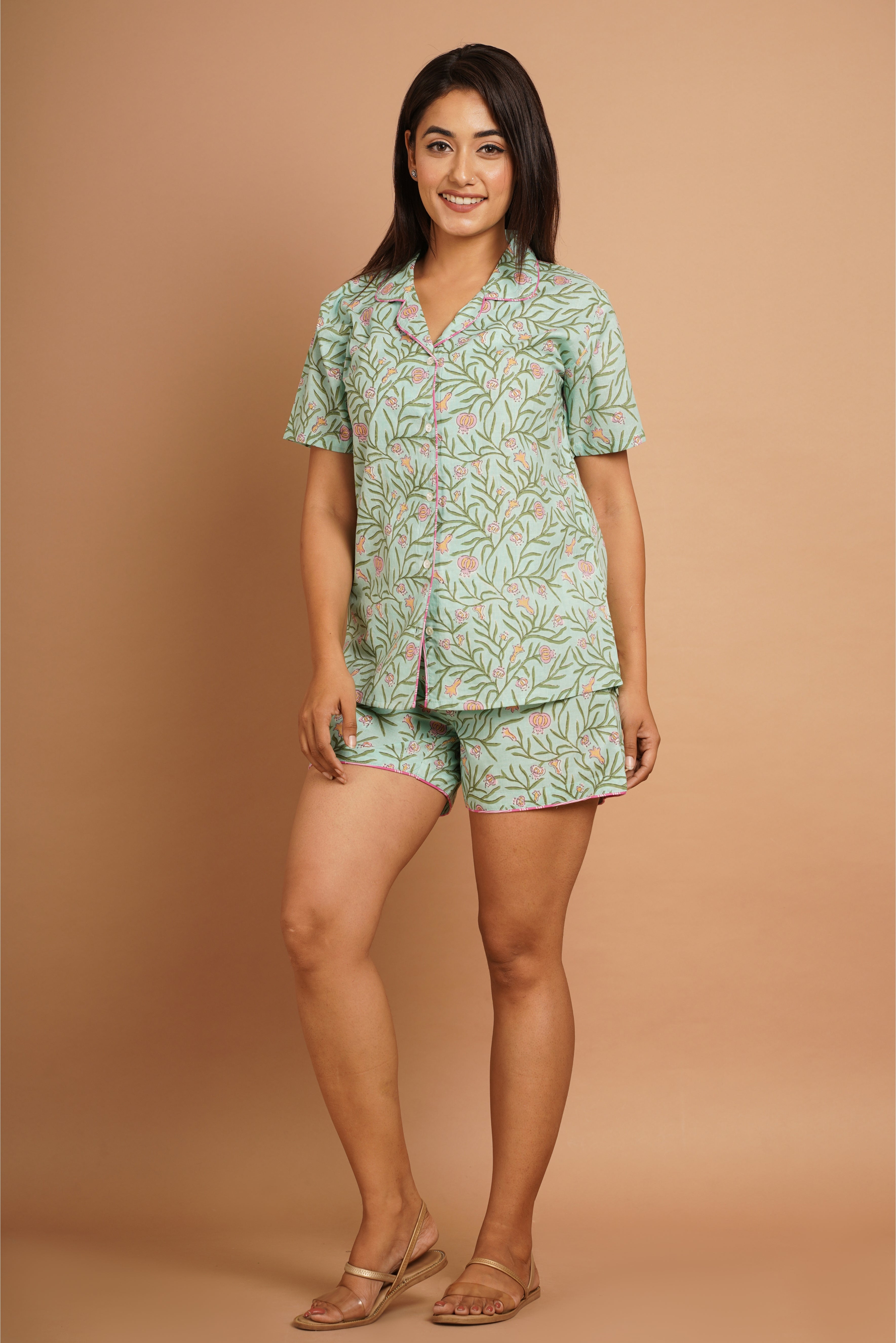 Green Floral Cotton Night Suit Set