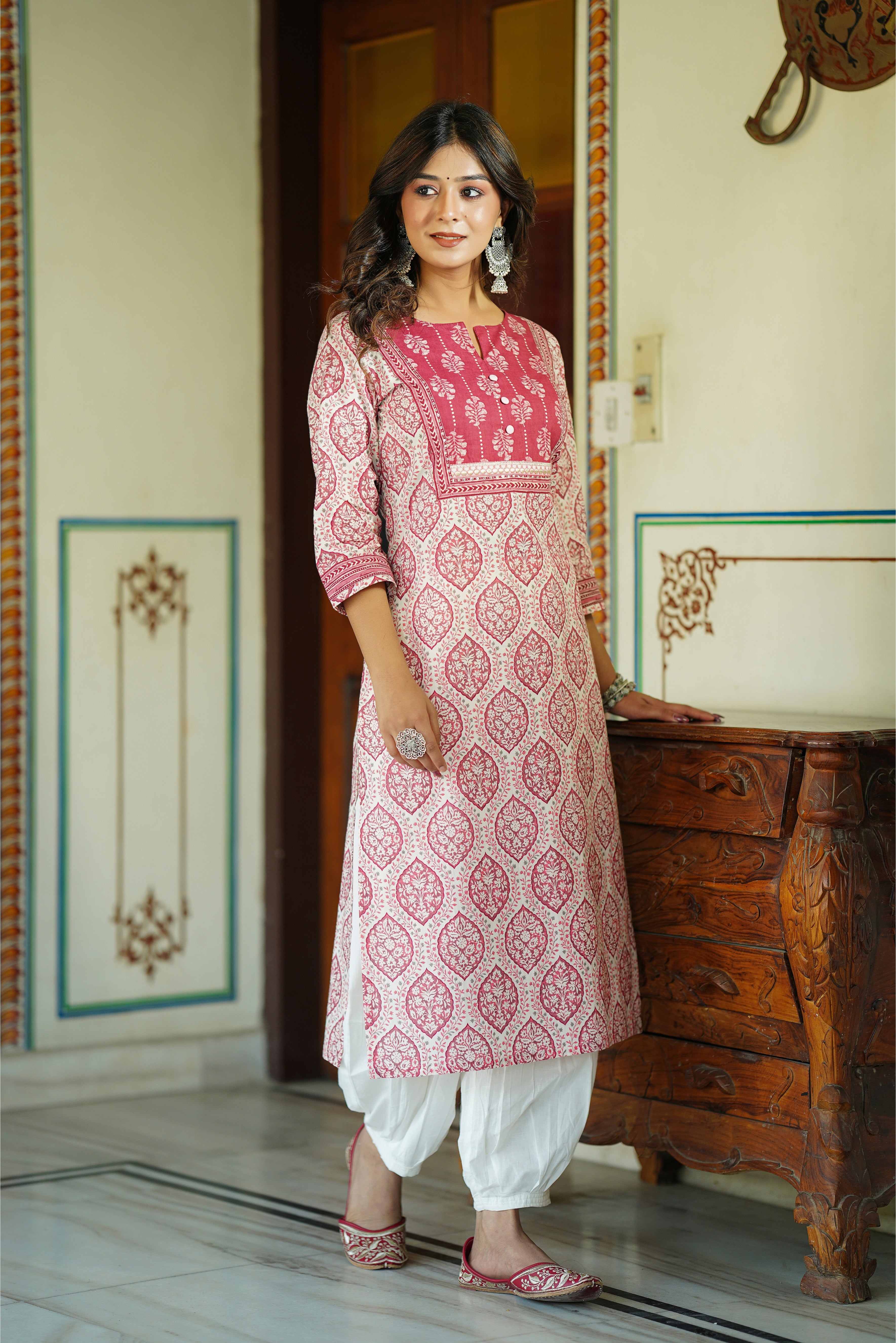 Pink Motif Printed Cotton Kurta