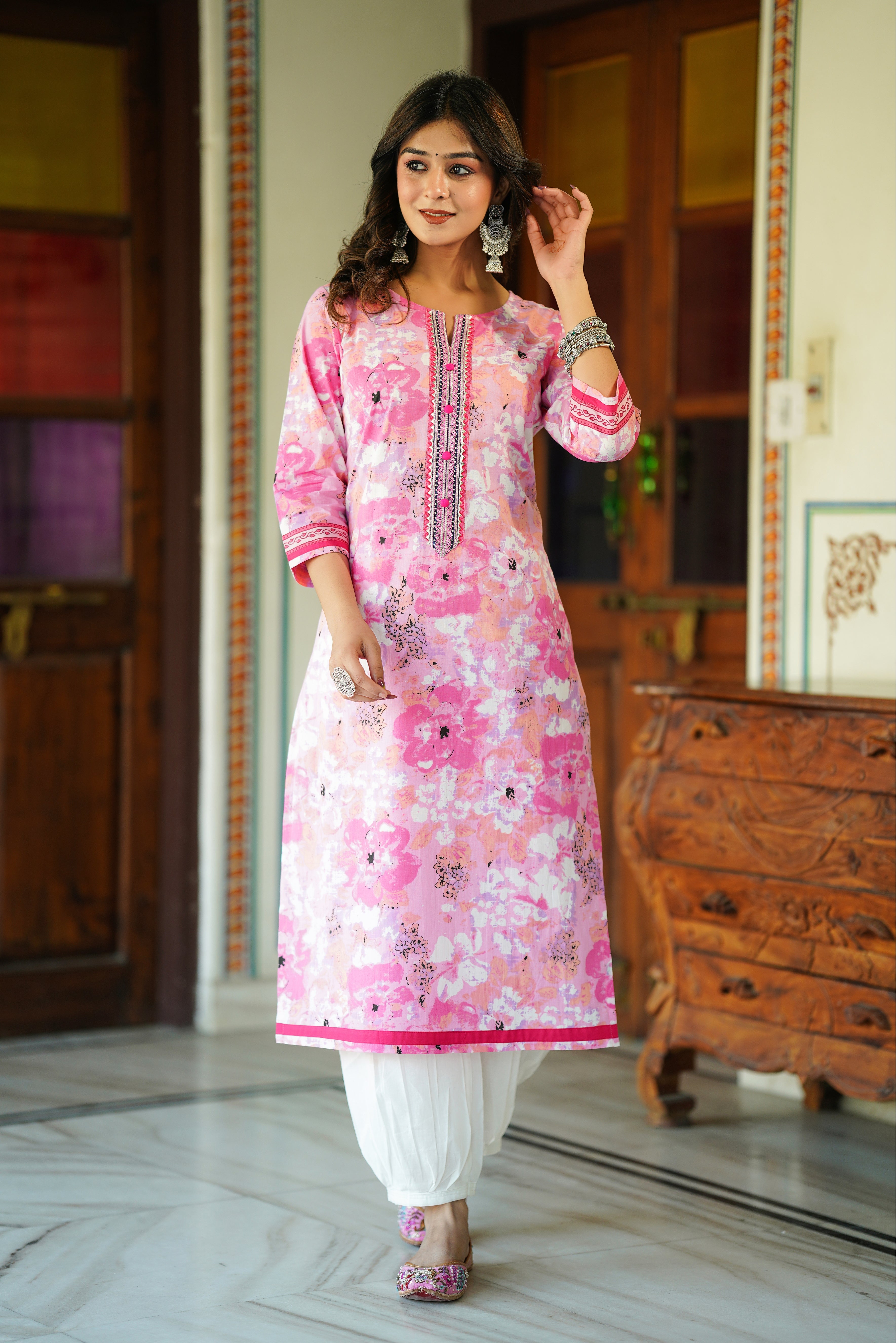 Pink Floral Printed Cotton Kurta