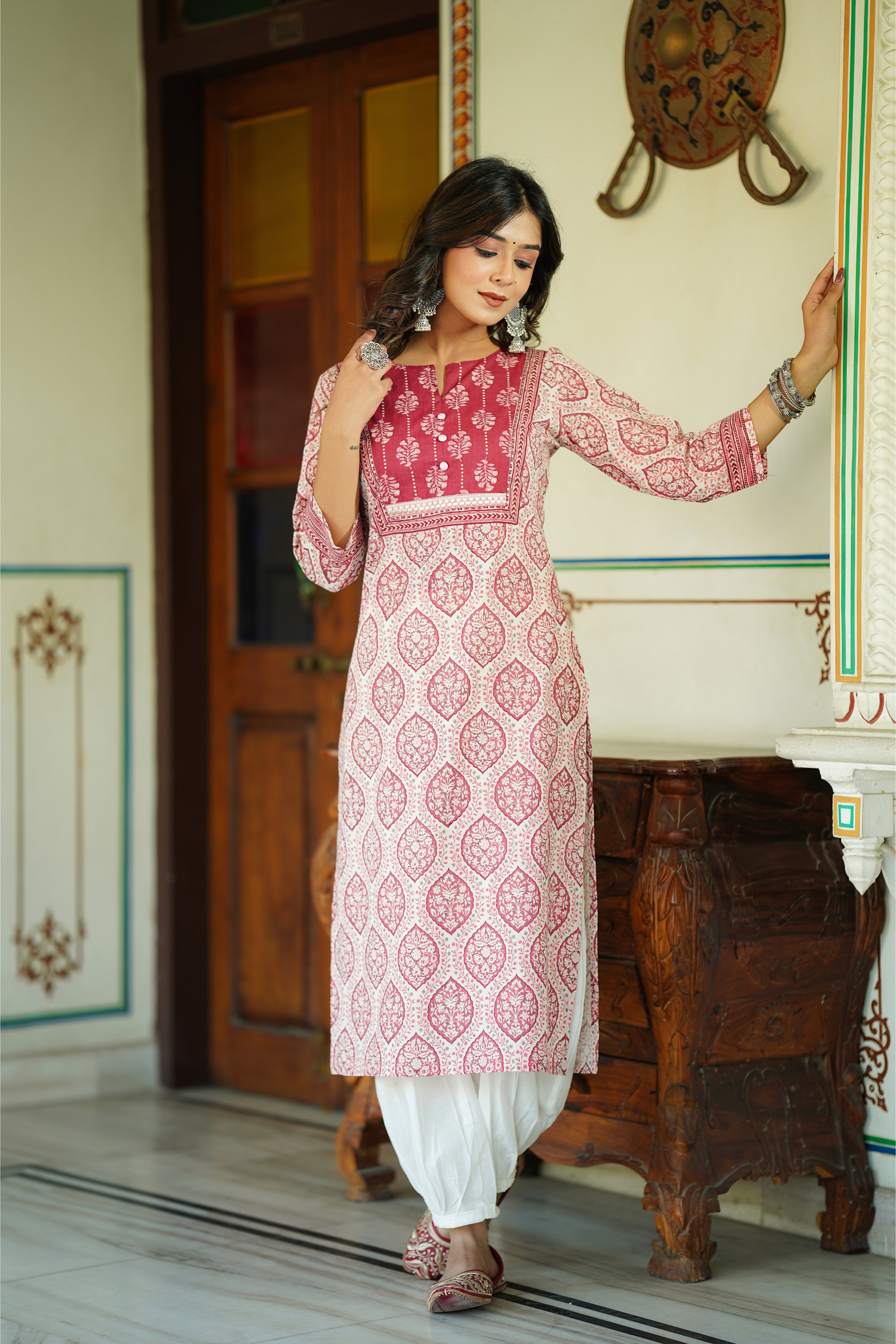 Pink Motif Printed Cotton Kurta