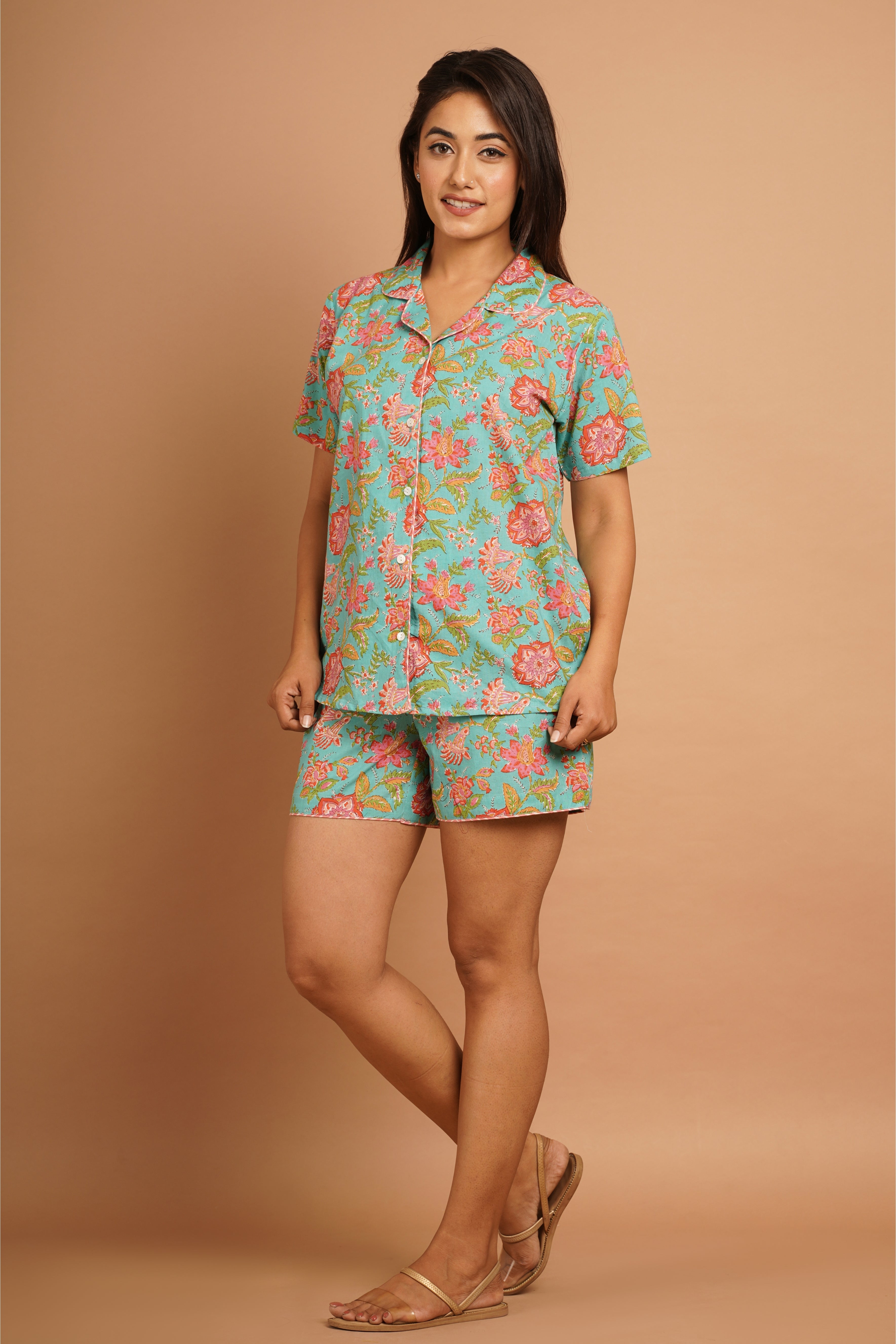 Turquoise Floral Cotton Night Suit Set