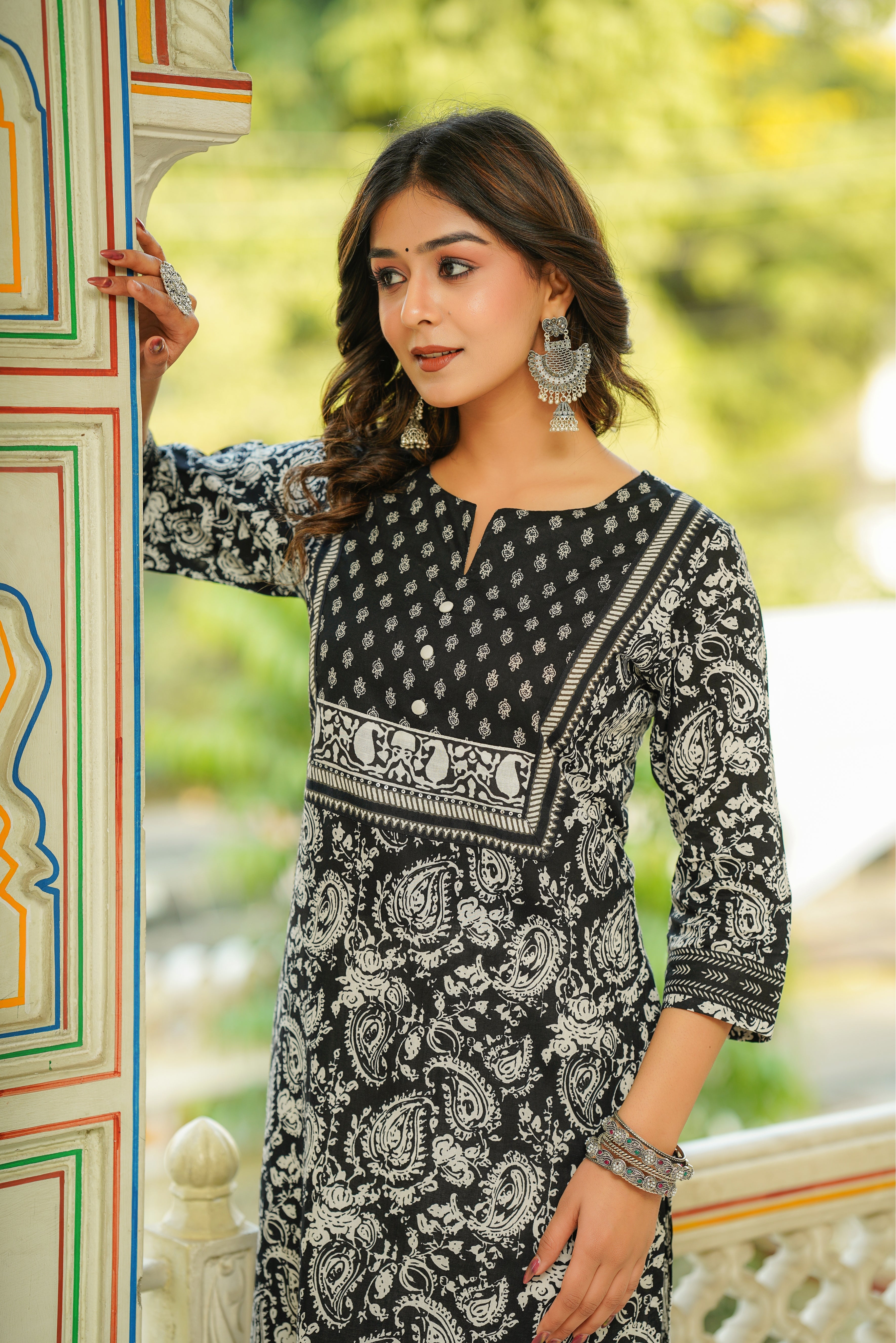 Black Motif Printed Cotton Kurta