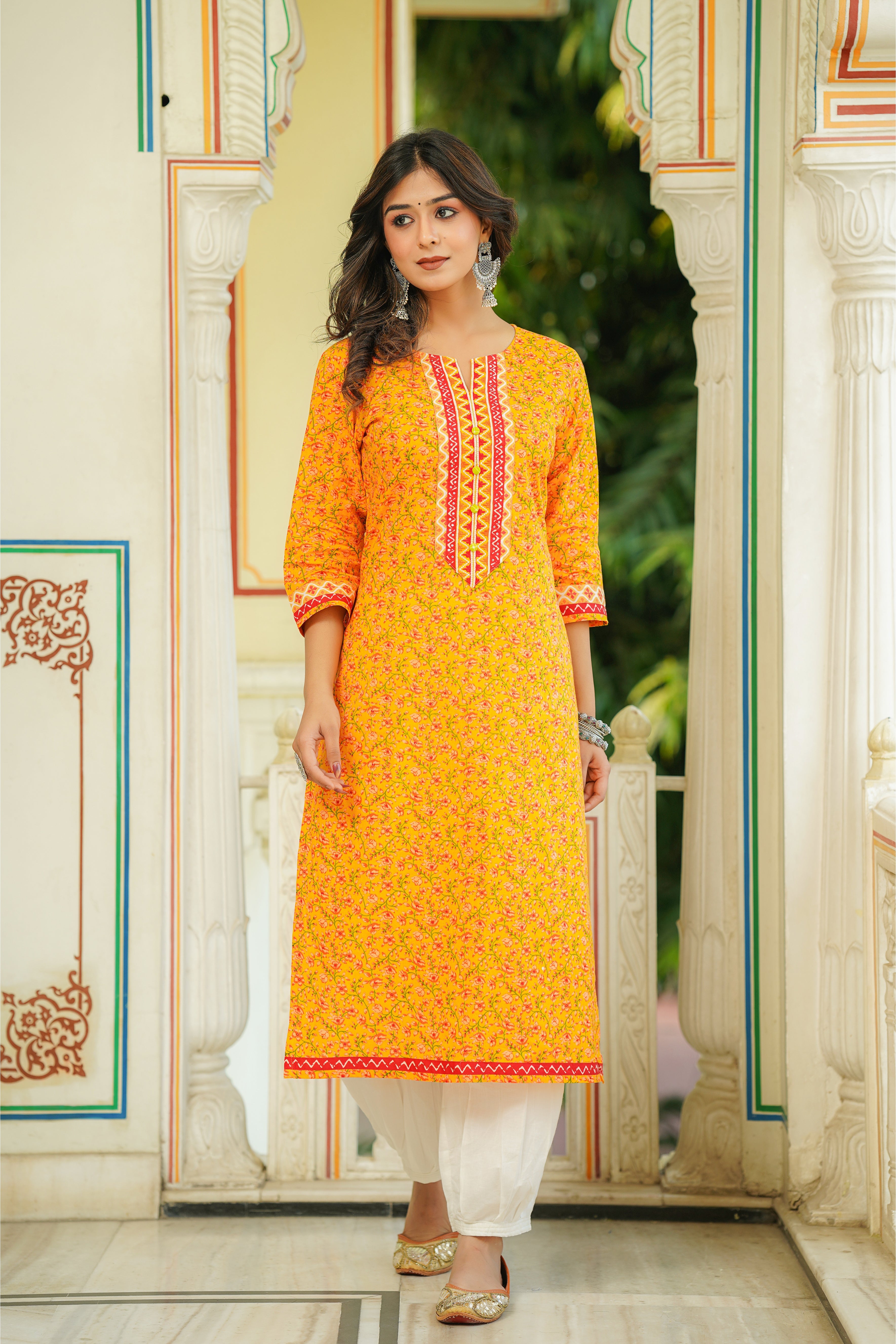 Yellow Floral Printed Cotton Kurta