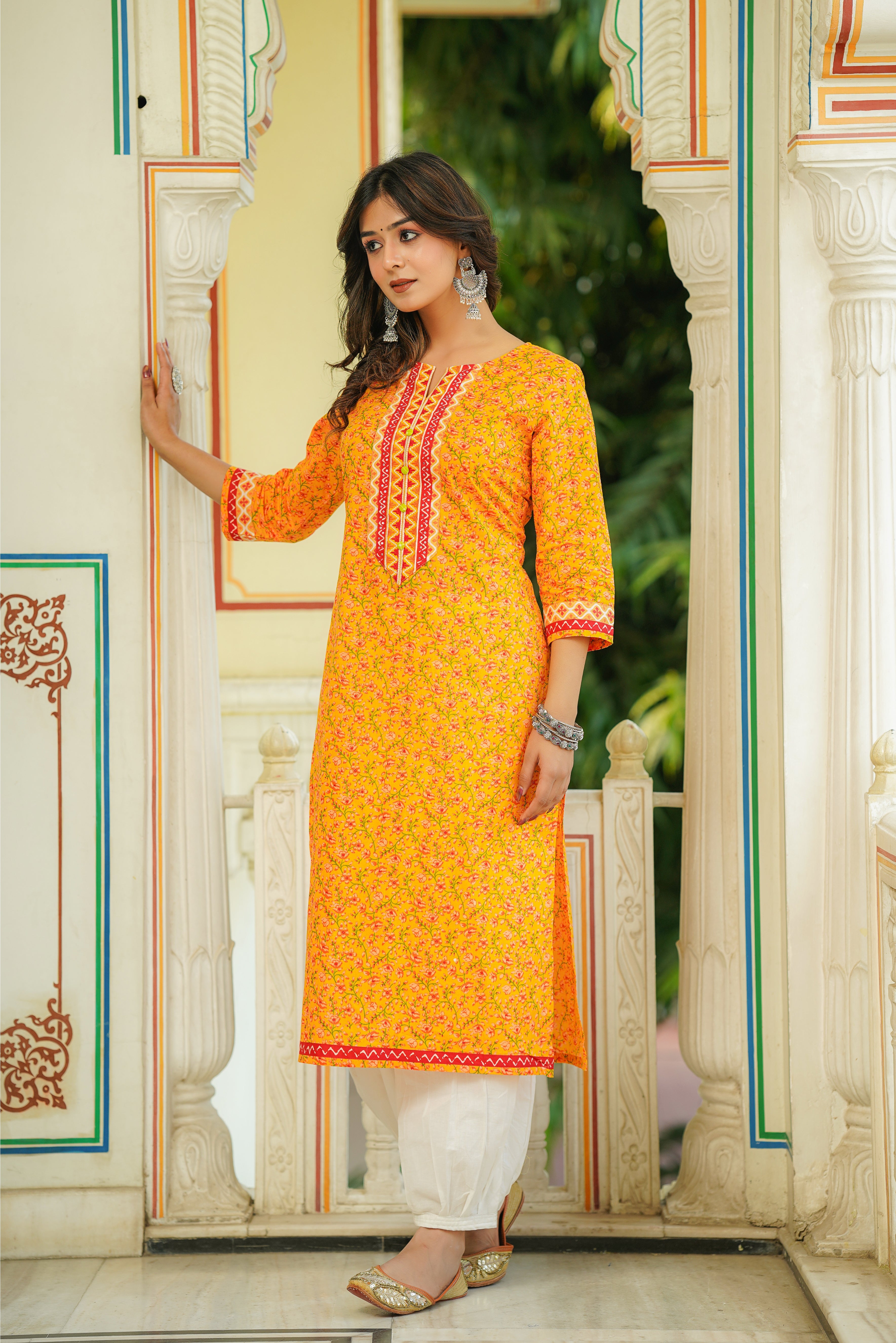 Yellow Floral Printed Cotton Kurta