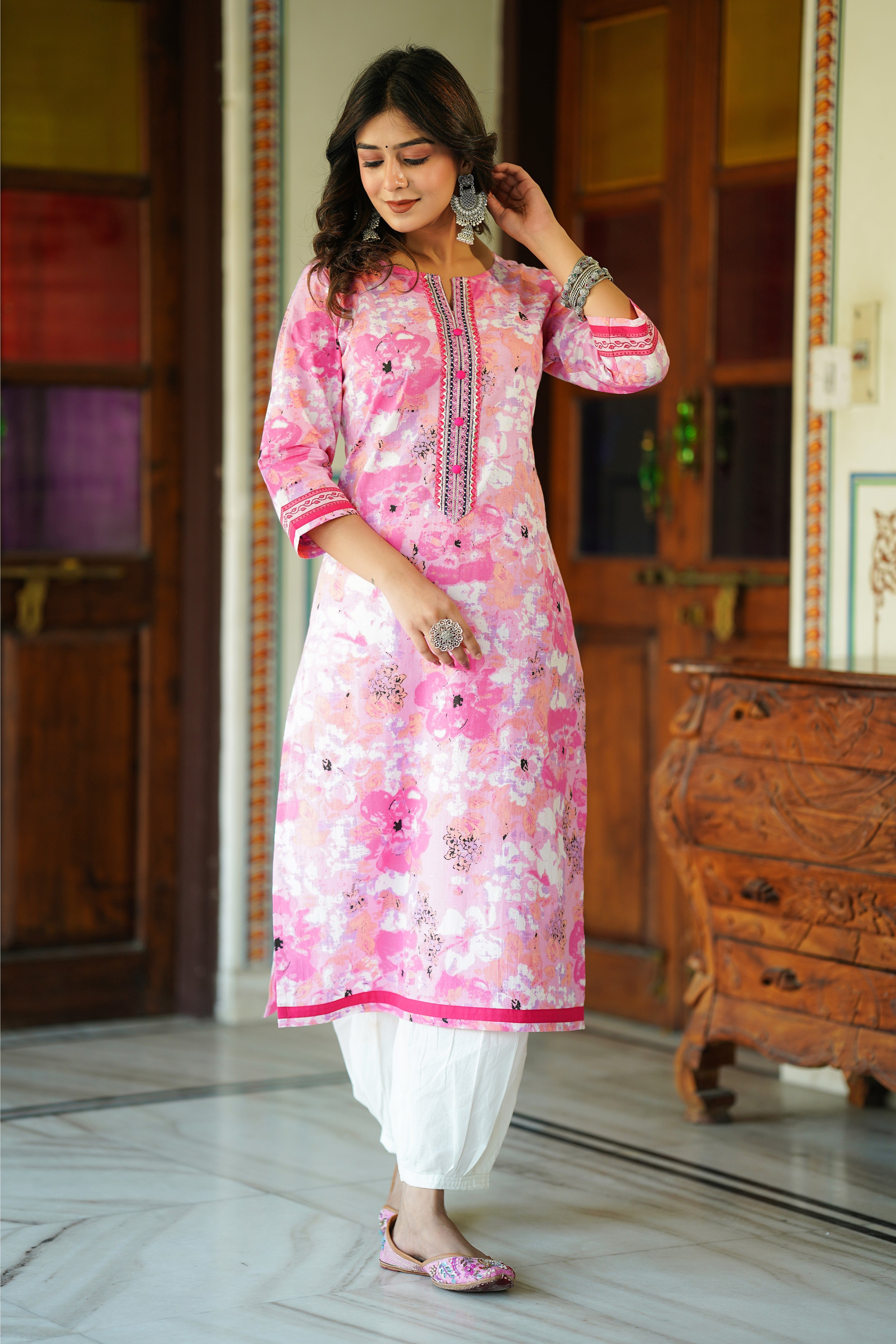 Pink Floral Printed Cotton Kurta