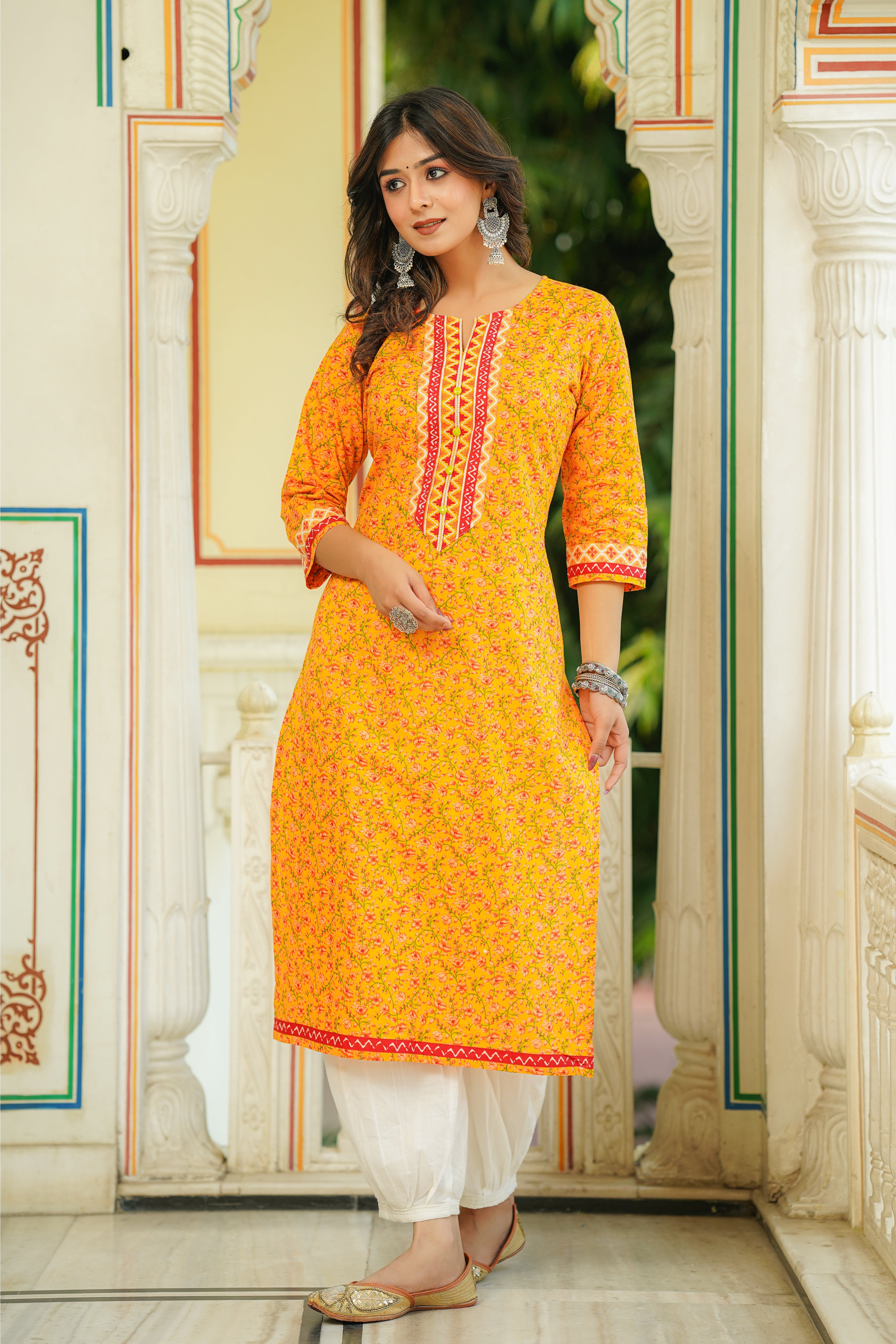 Yellow Floral Printed Cotton Kurta