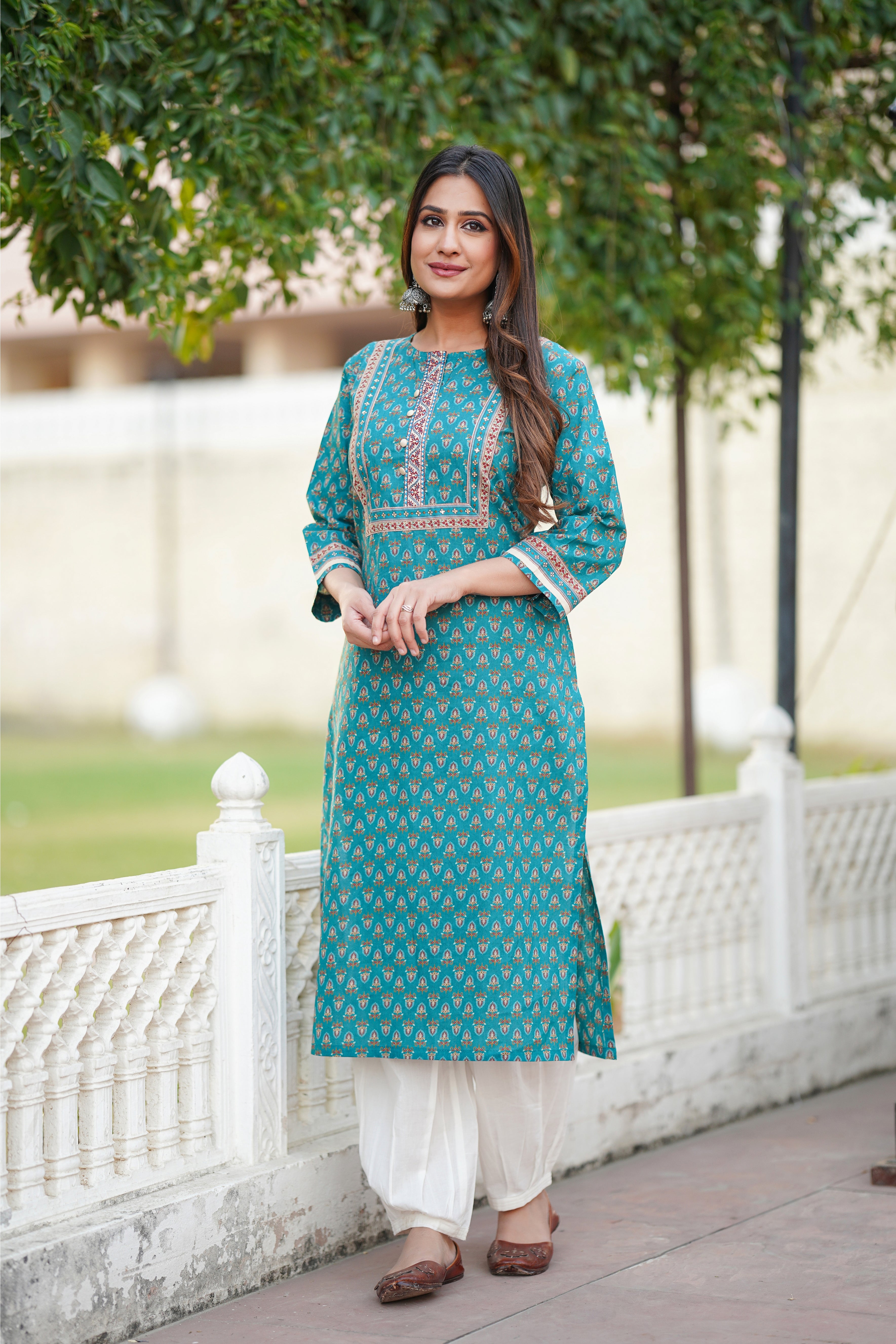 Teal Motif Printed Cotton Kurta