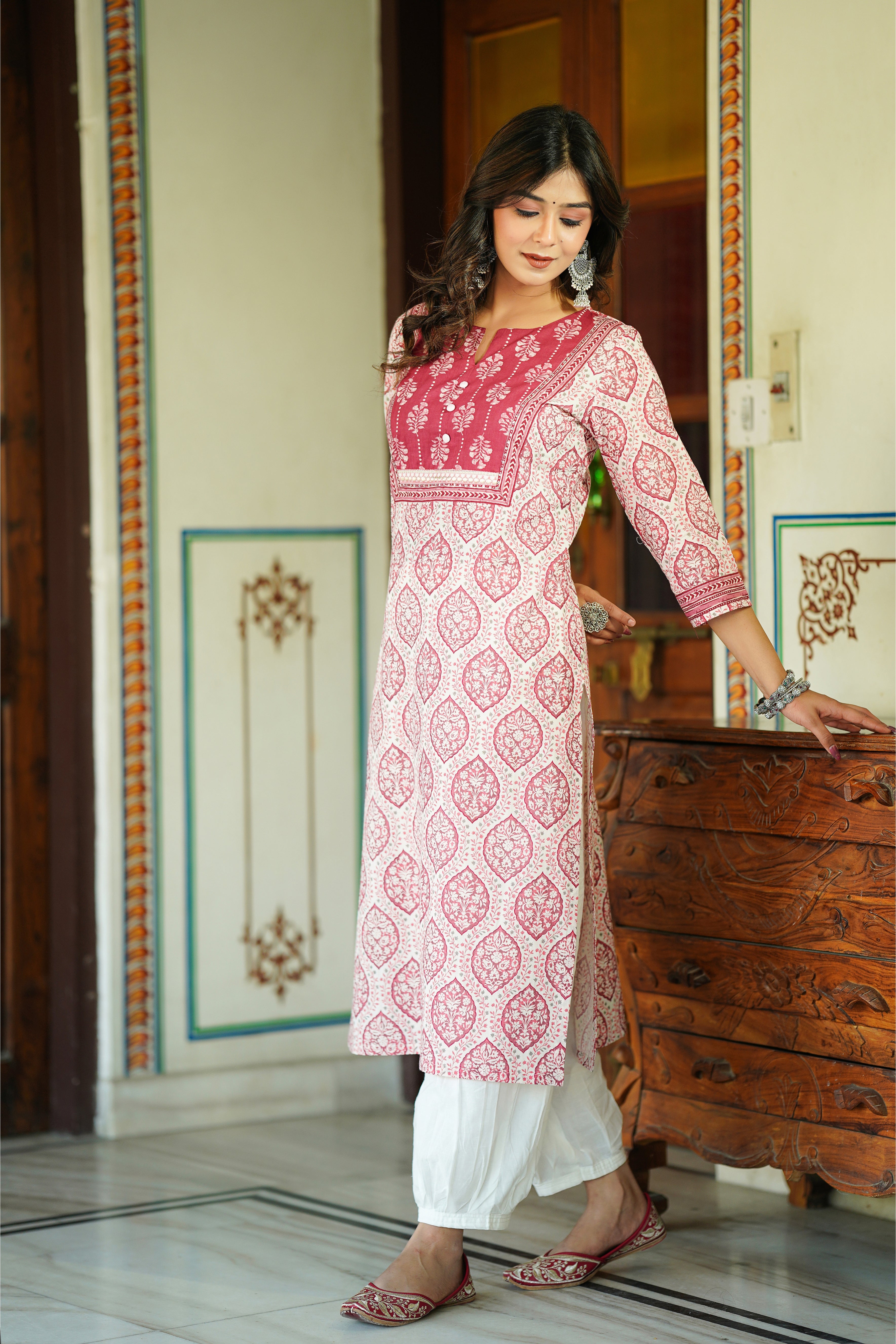 Pink Motif Printed Cotton Kurta