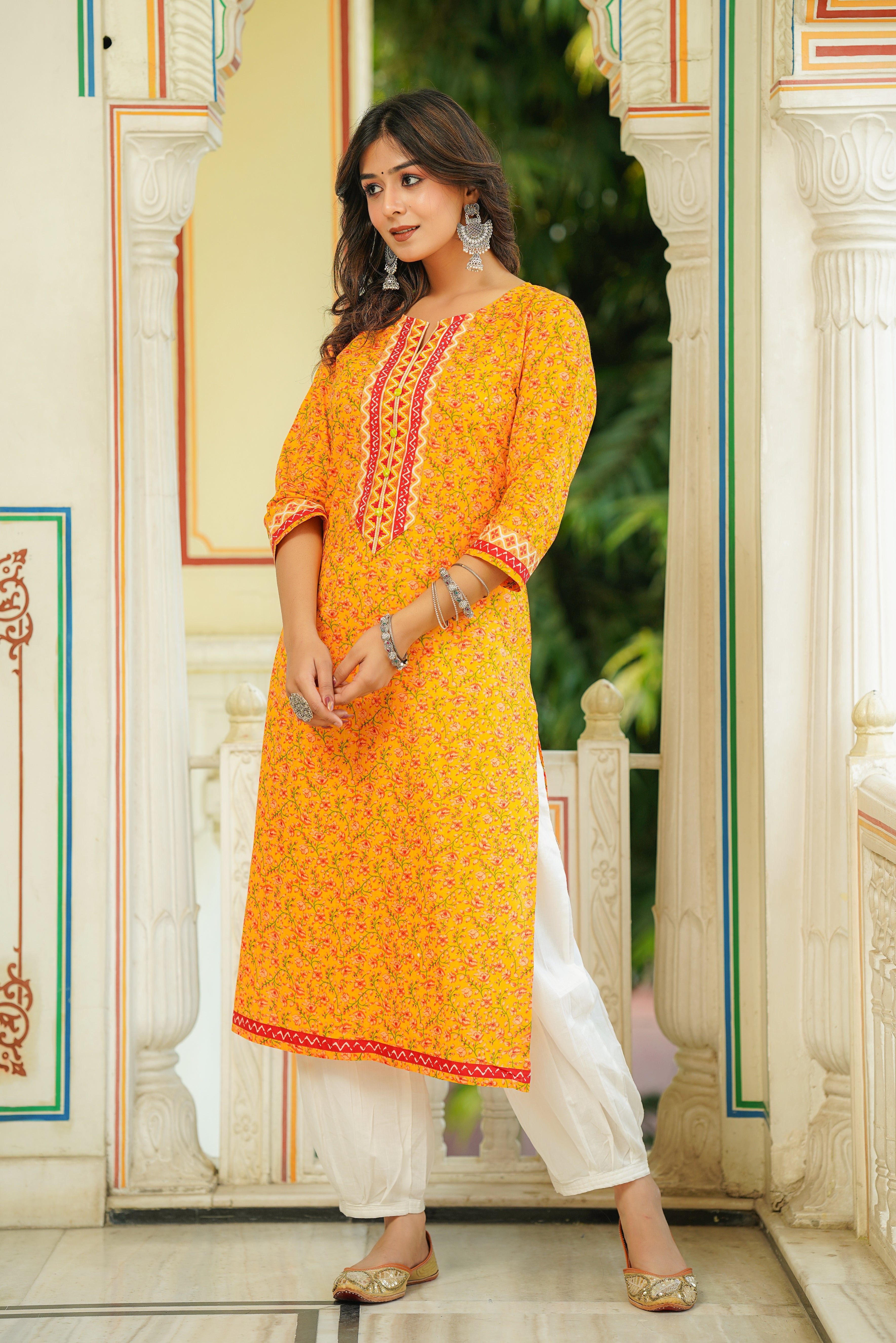 Yellow Floral Printed Cotton Kurta