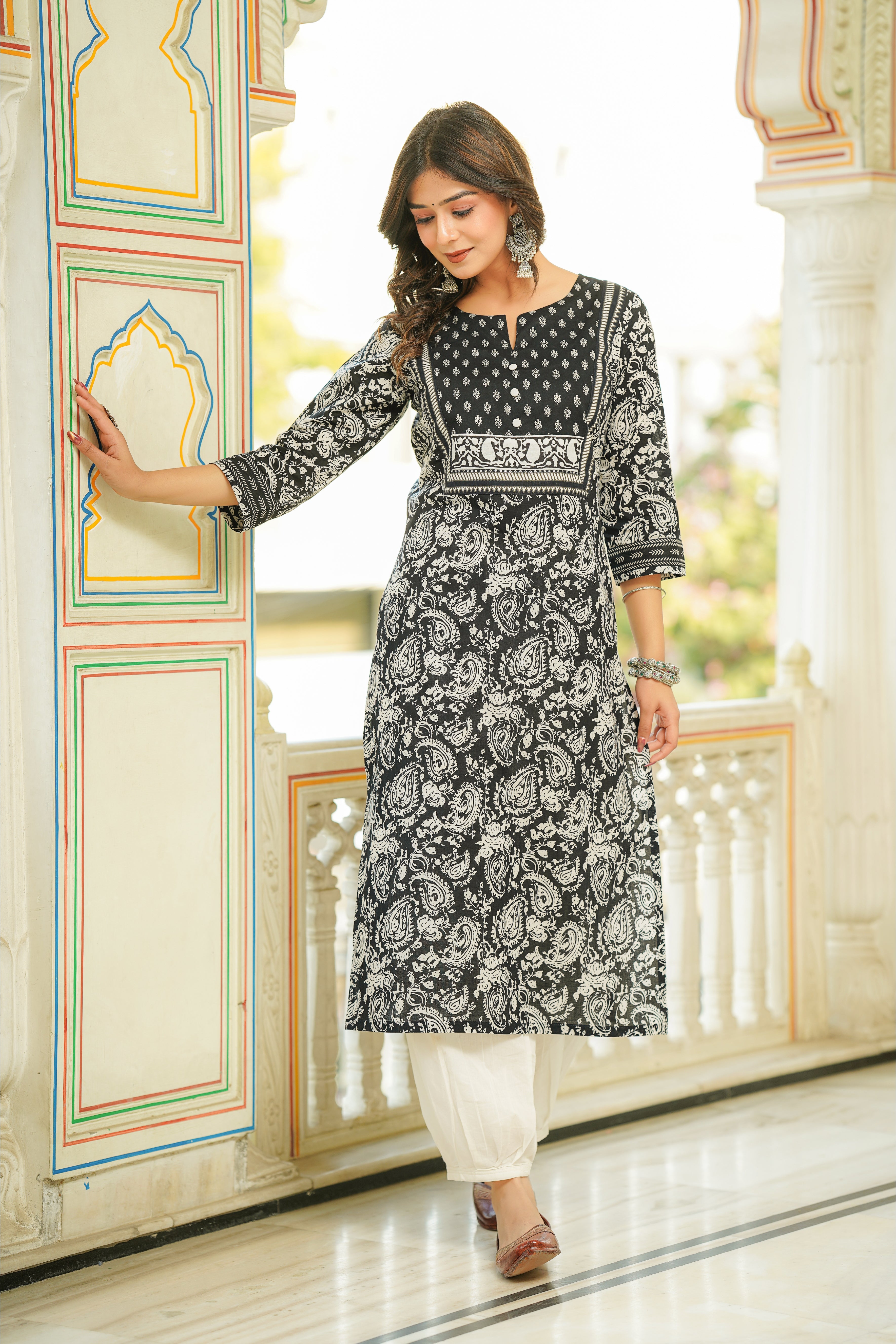 Black Motif Printed Cotton Kurta