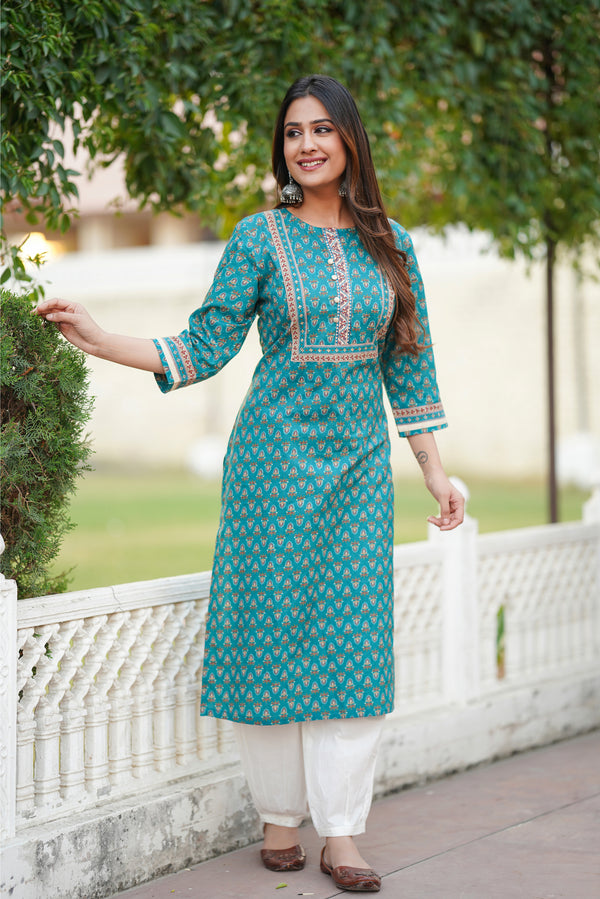 Teal Motif Printed Cotton Kurta