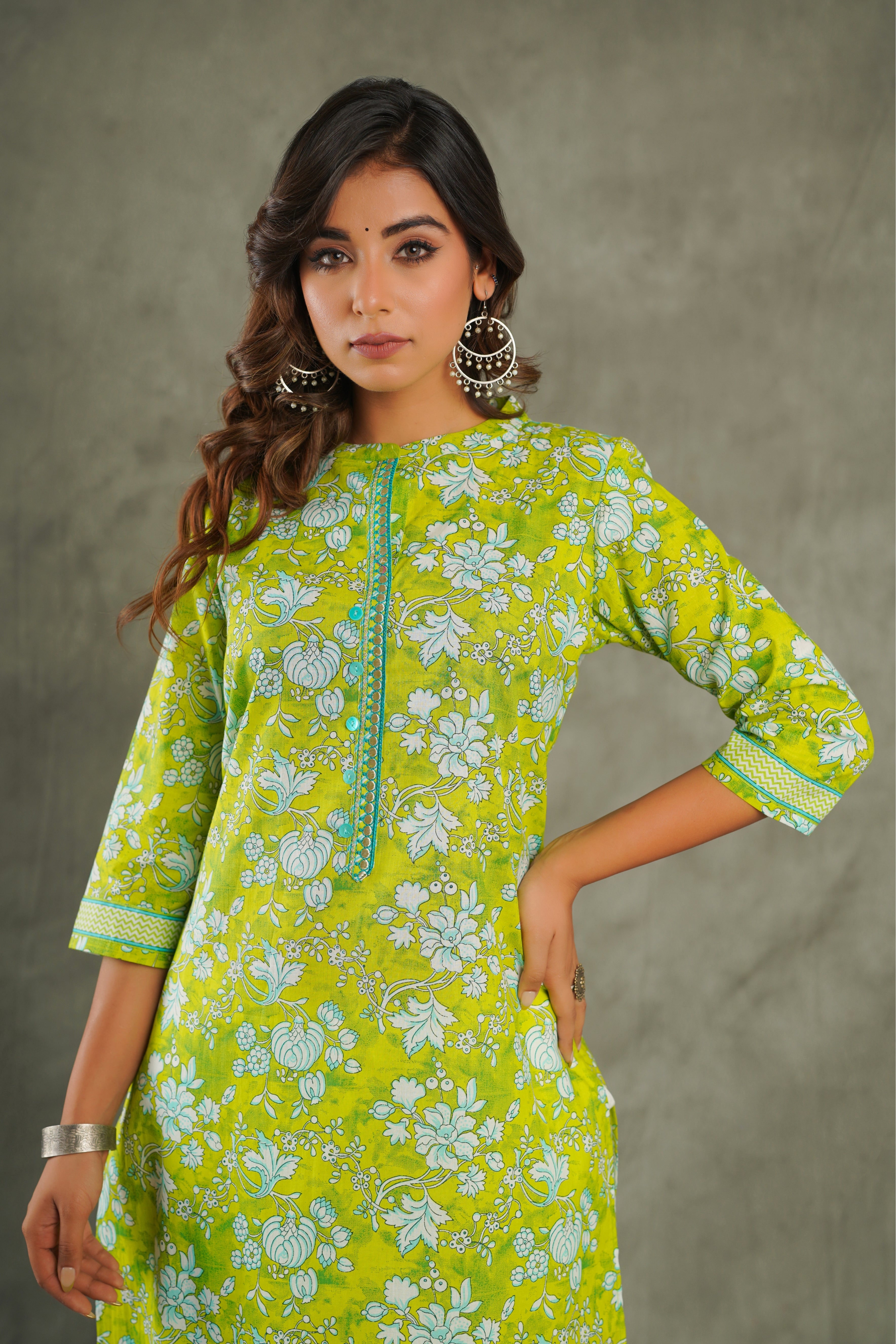 Green Floral Printed Cotton Kurta
