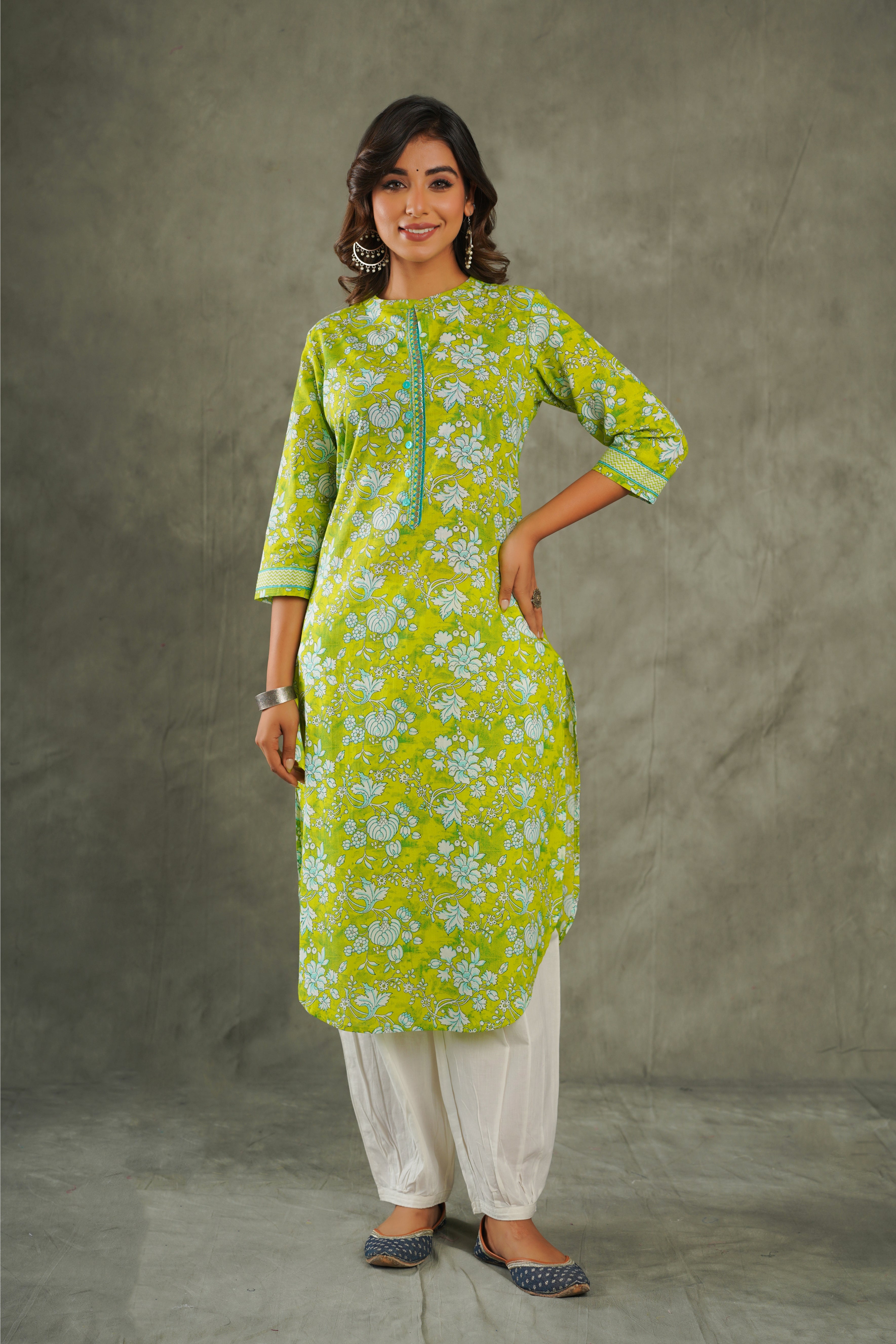 Green Floral Printed Cotton Kurta