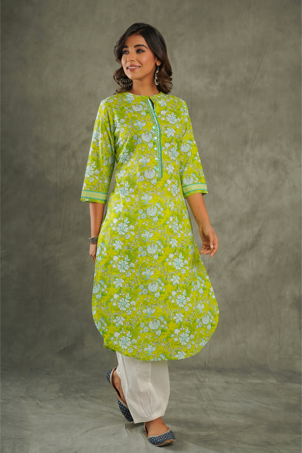 Green Floral Printed Cotton Kurta