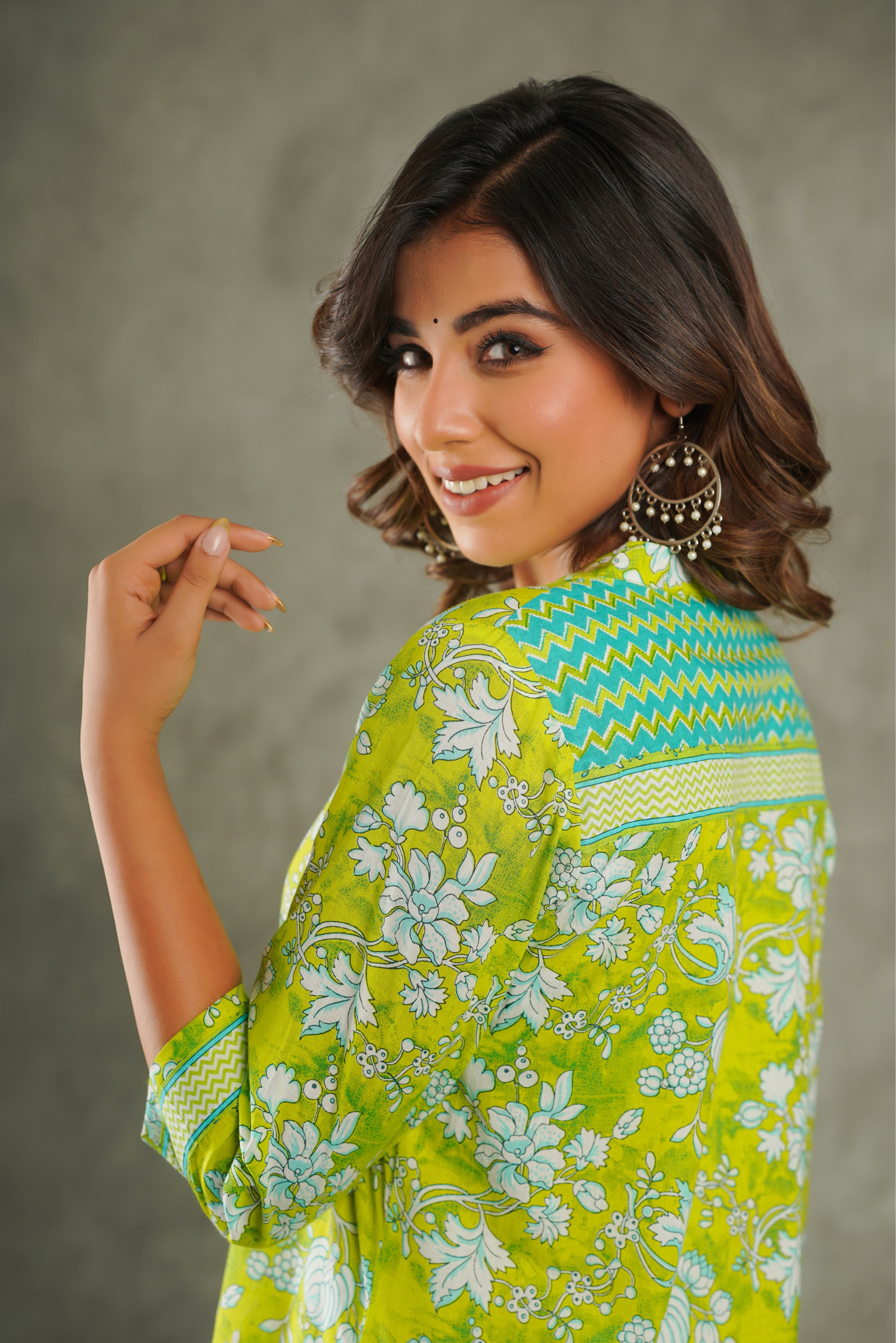 Green Floral Printed Cotton Kurta