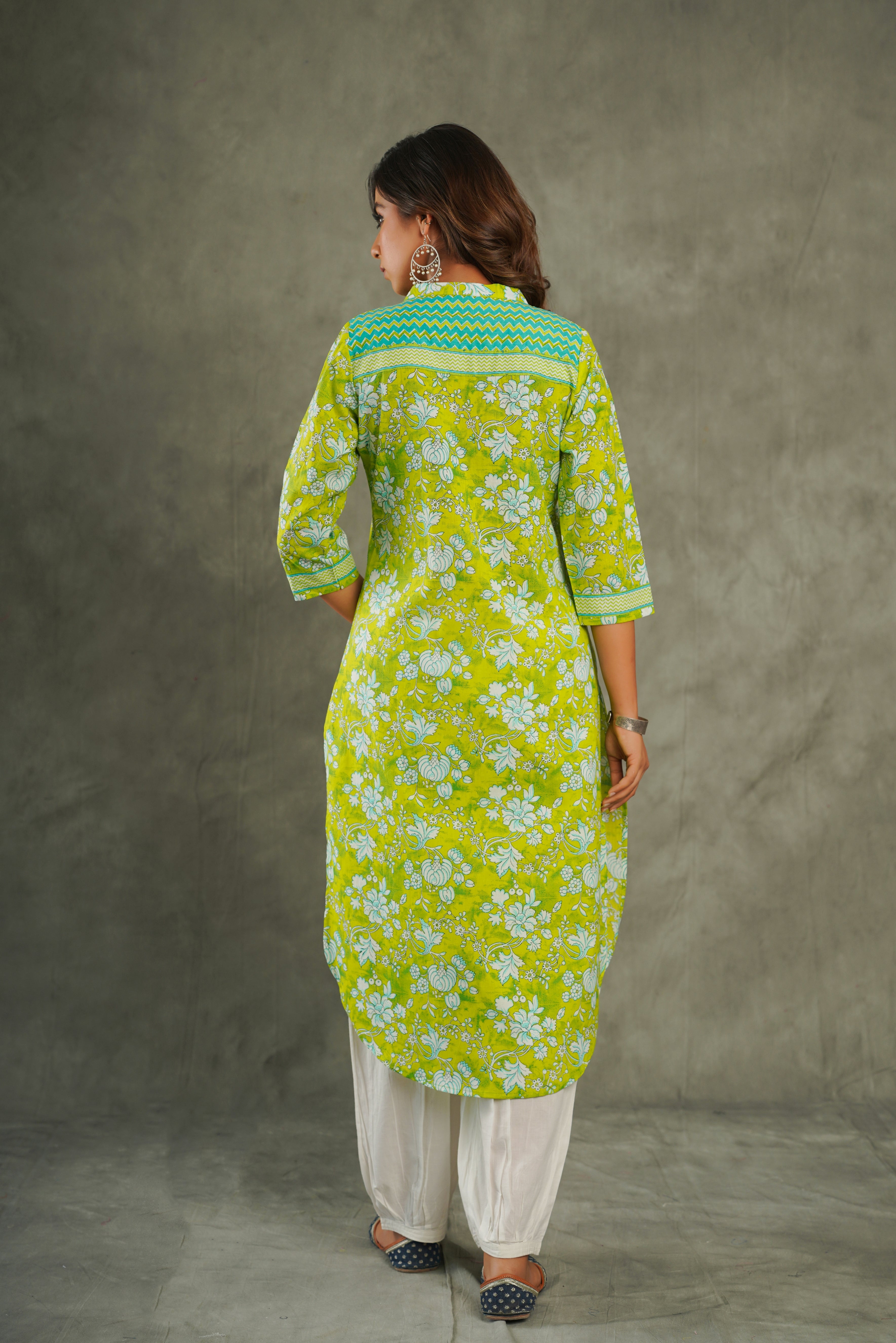 Green Floral Printed Cotton Kurta