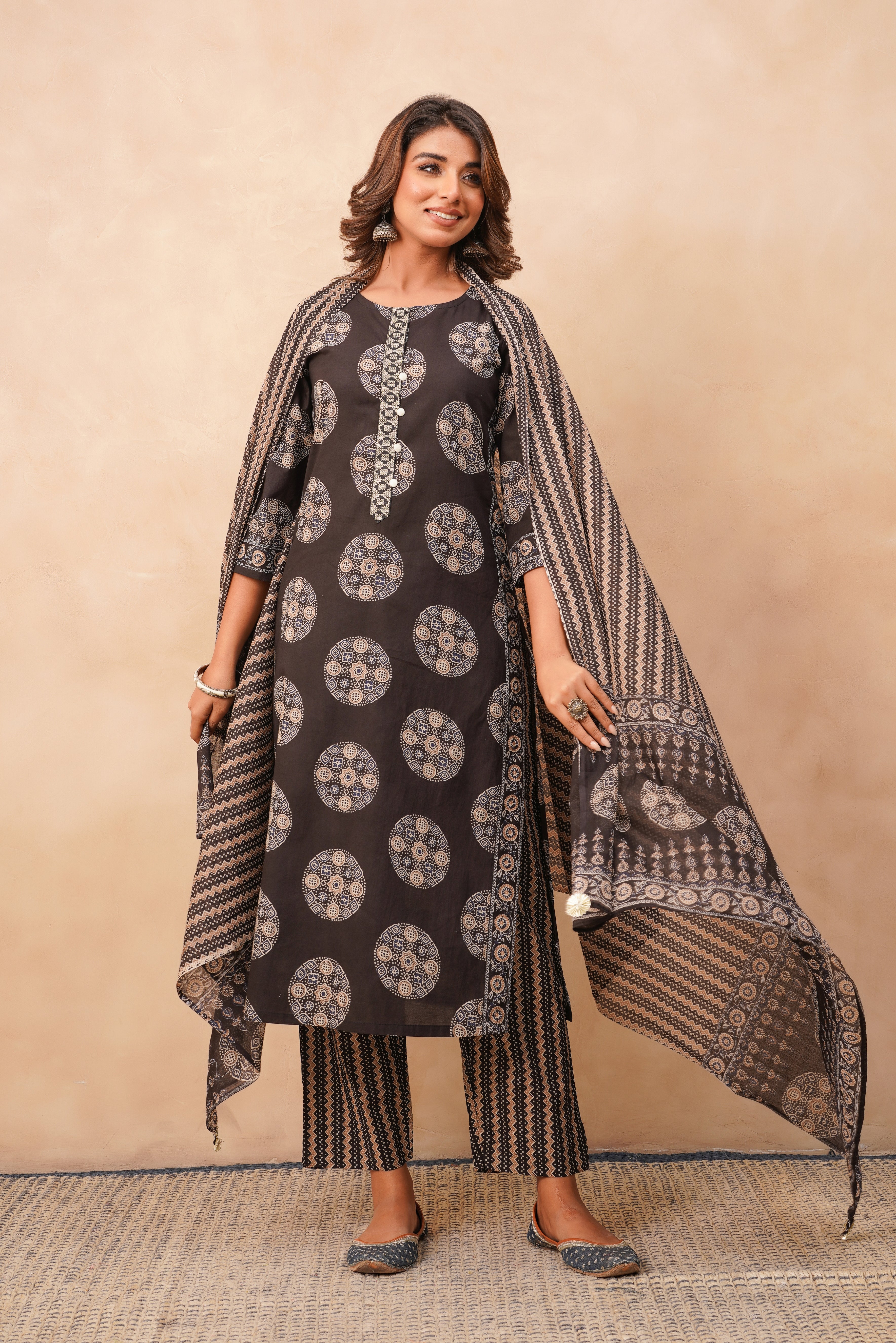 Black Geometric Printed Cotton Suit Set