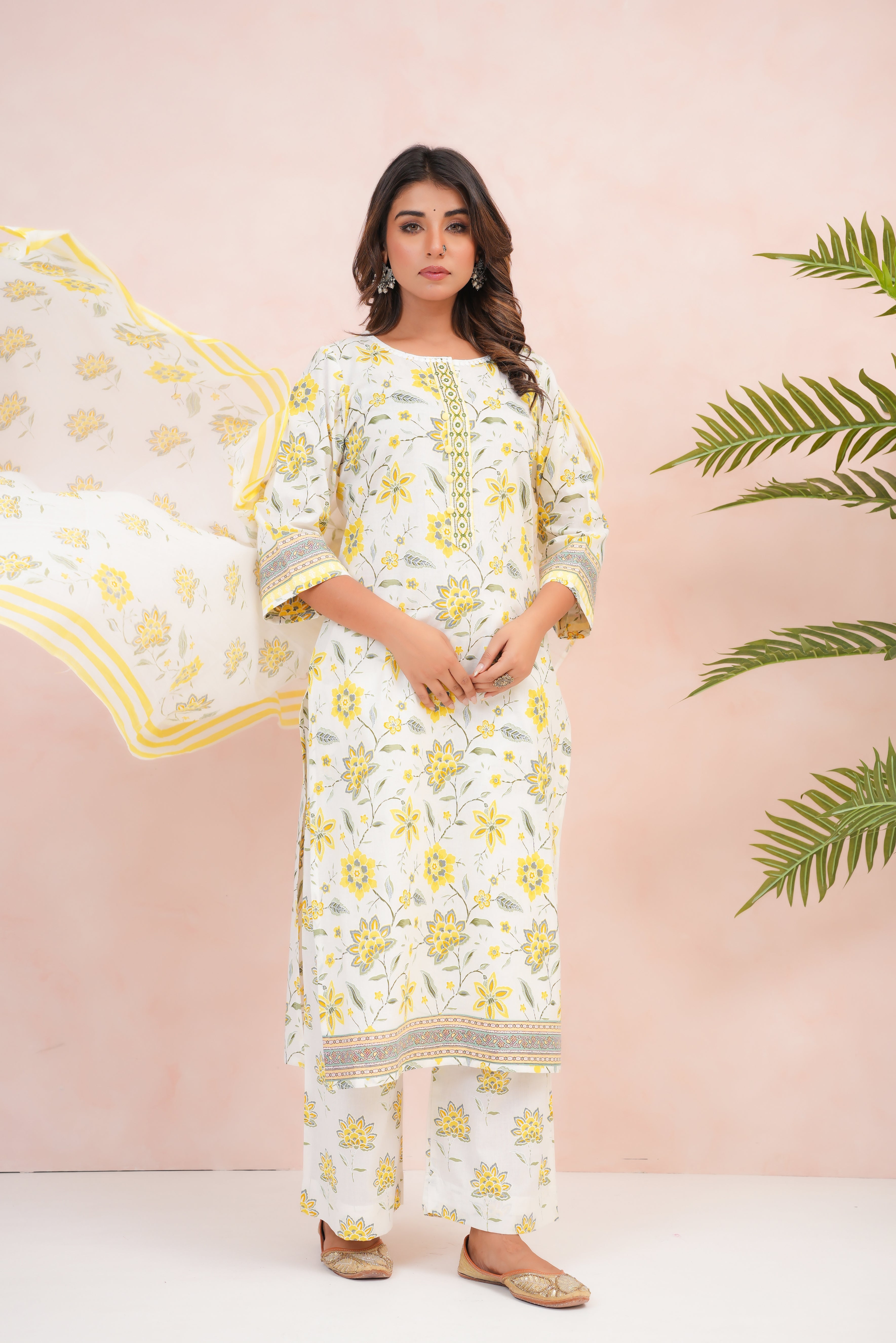 Lemon Floral Printed Cotton Suit Set