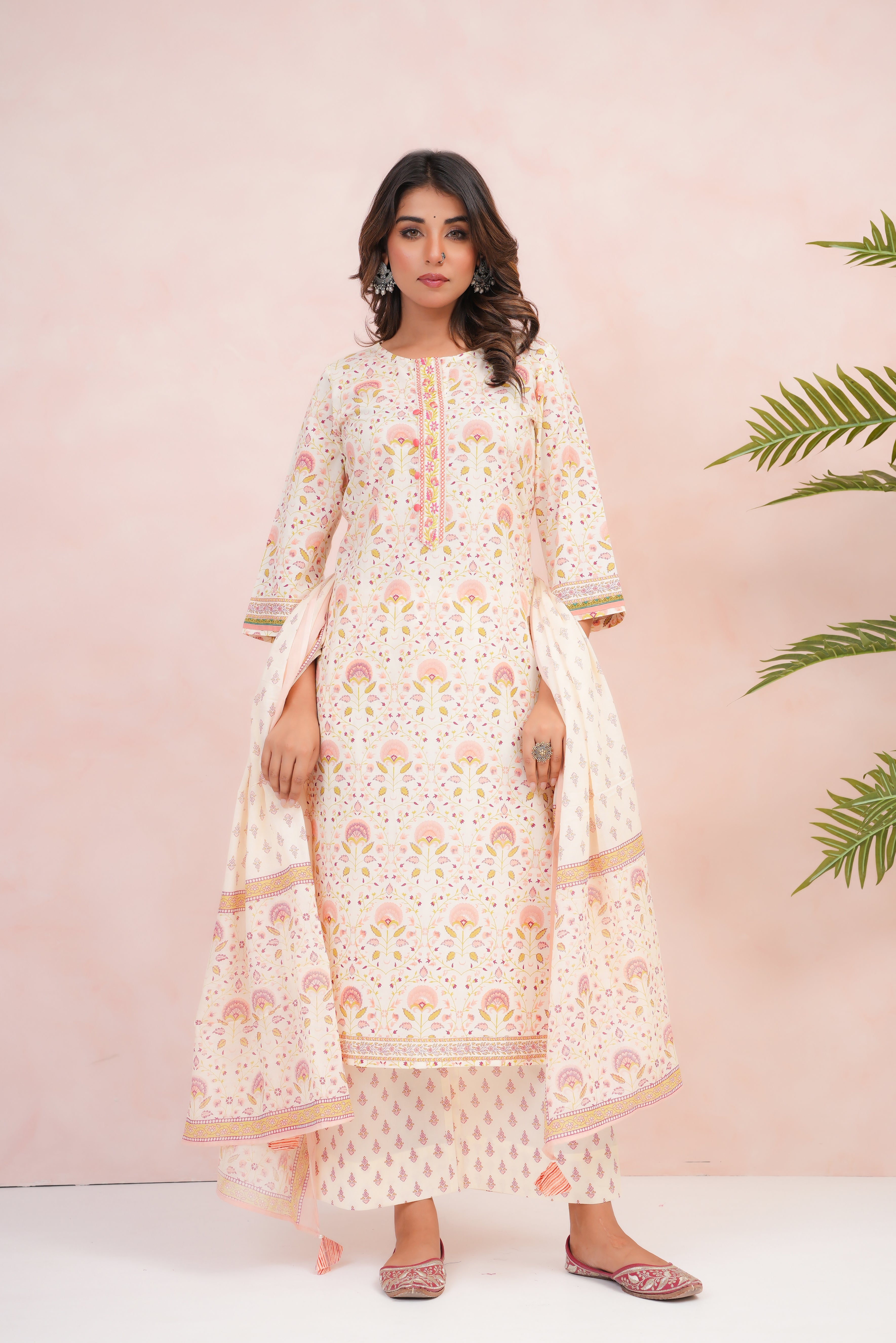 Peach Floral Printed Cotton Suit Set